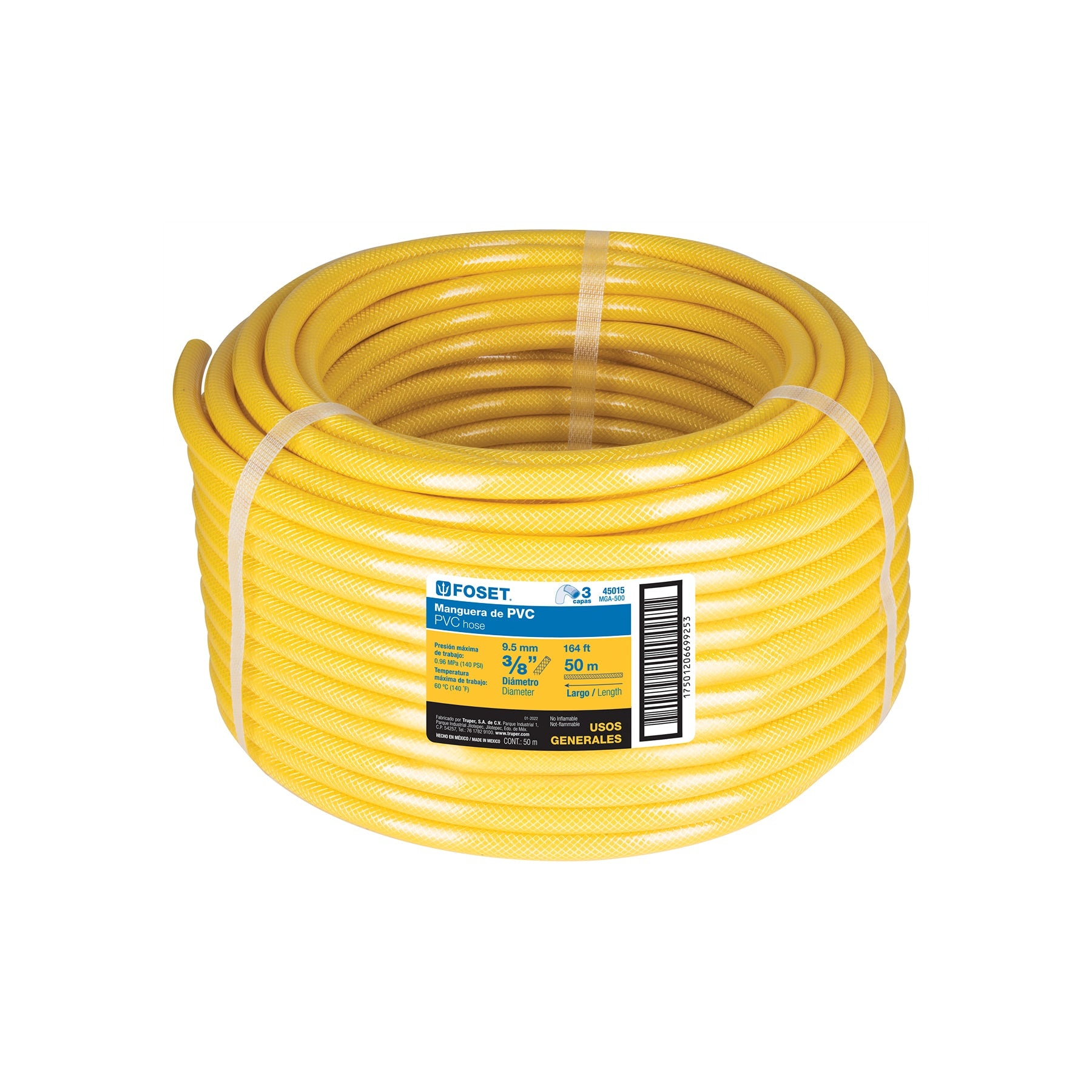 Manguera para gas, PVC amarilla, 3/8" s/conexión, 50 m,FOSET
