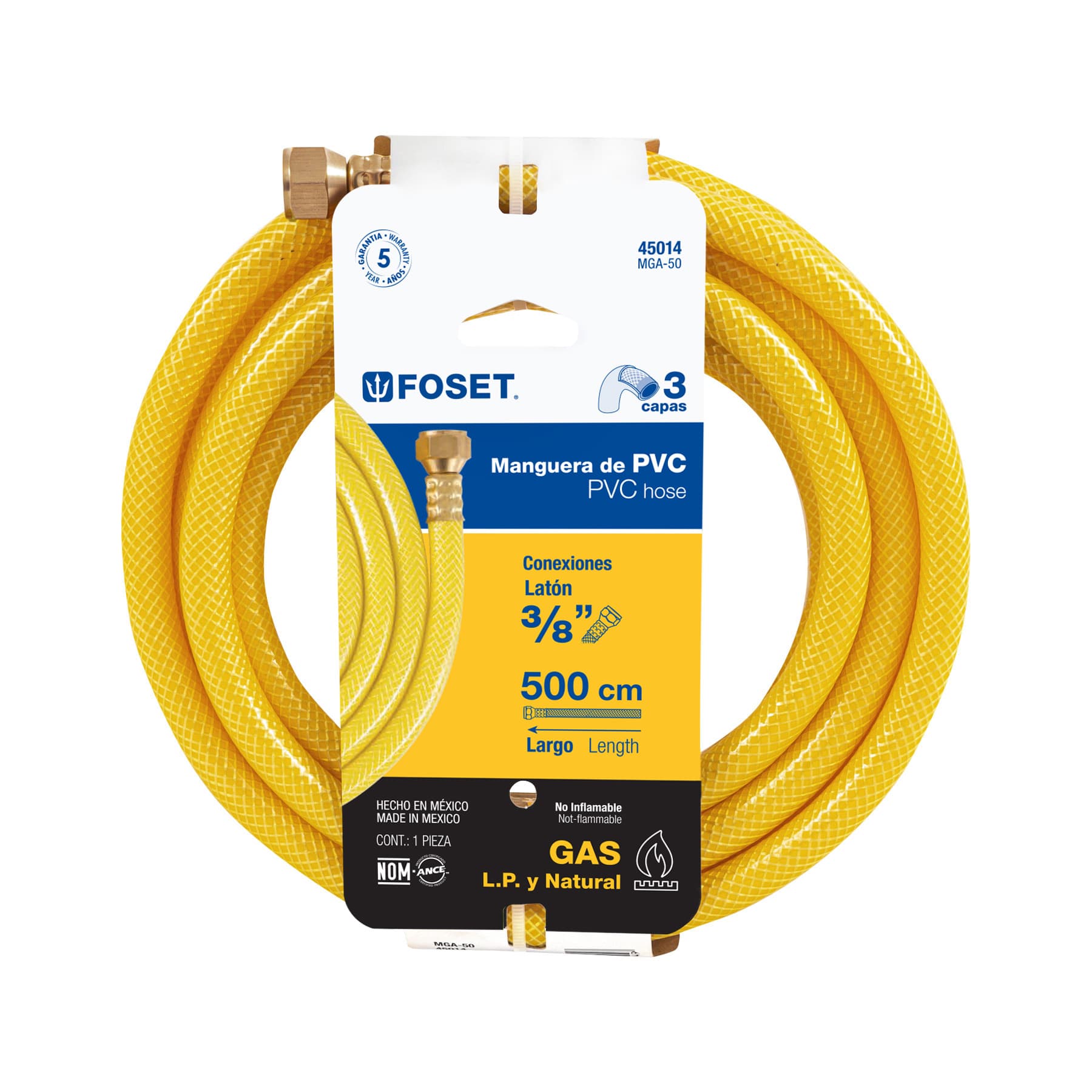 Manguera para gas, PVC amarilla, 3/8" flare,5 m, FOSET