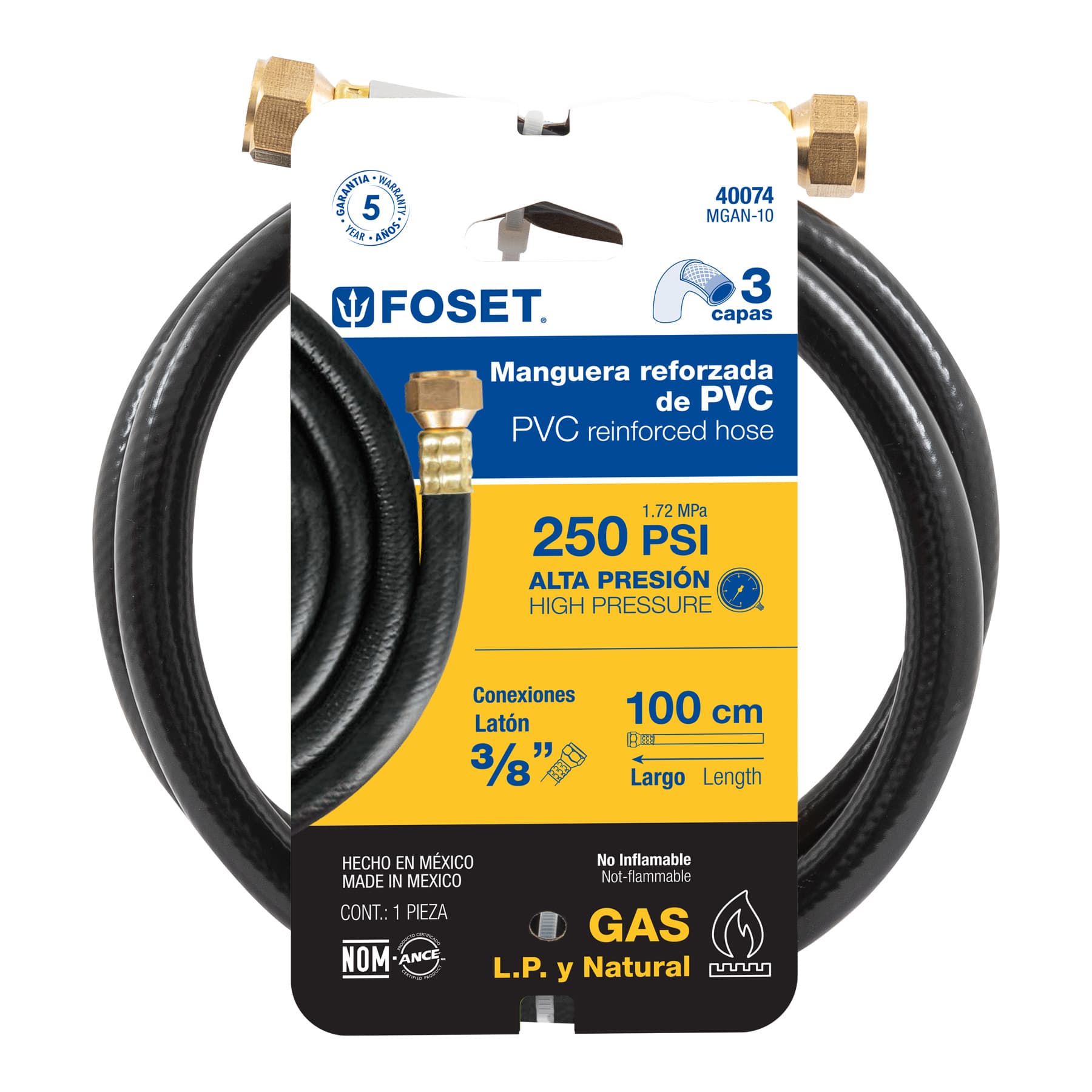 Manguera para gas, PVC negra, 3/8" flare,1 m, FOSET