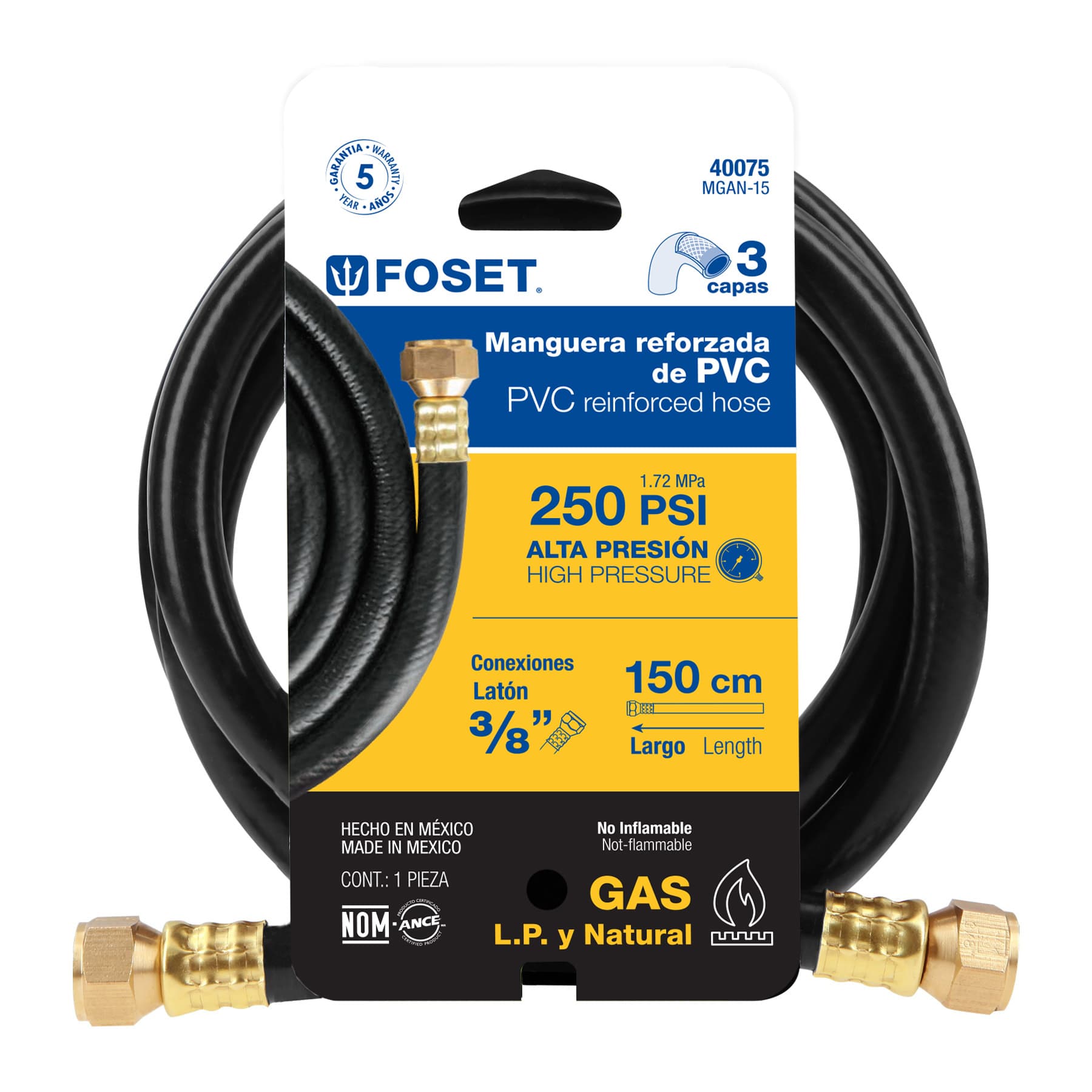 Manguera para gas, PVC negra, 3/8" flare, 1.5 m, FOSET