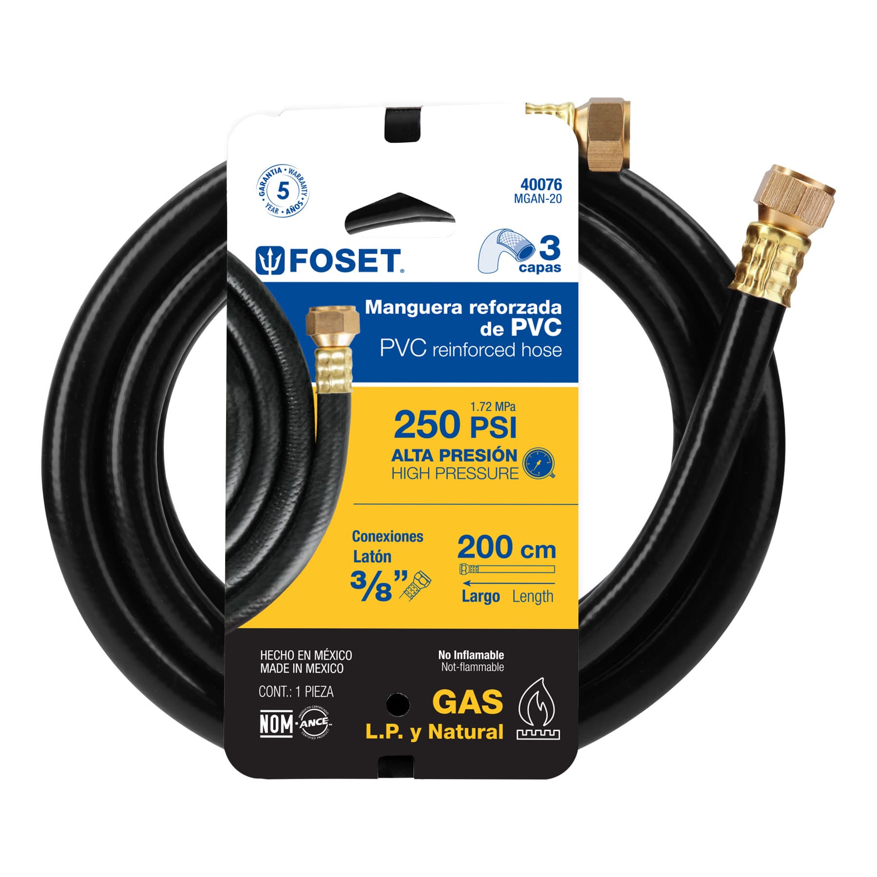 Manguera para gas, PVC negra, 3/8" flare, 2 m, FOSET