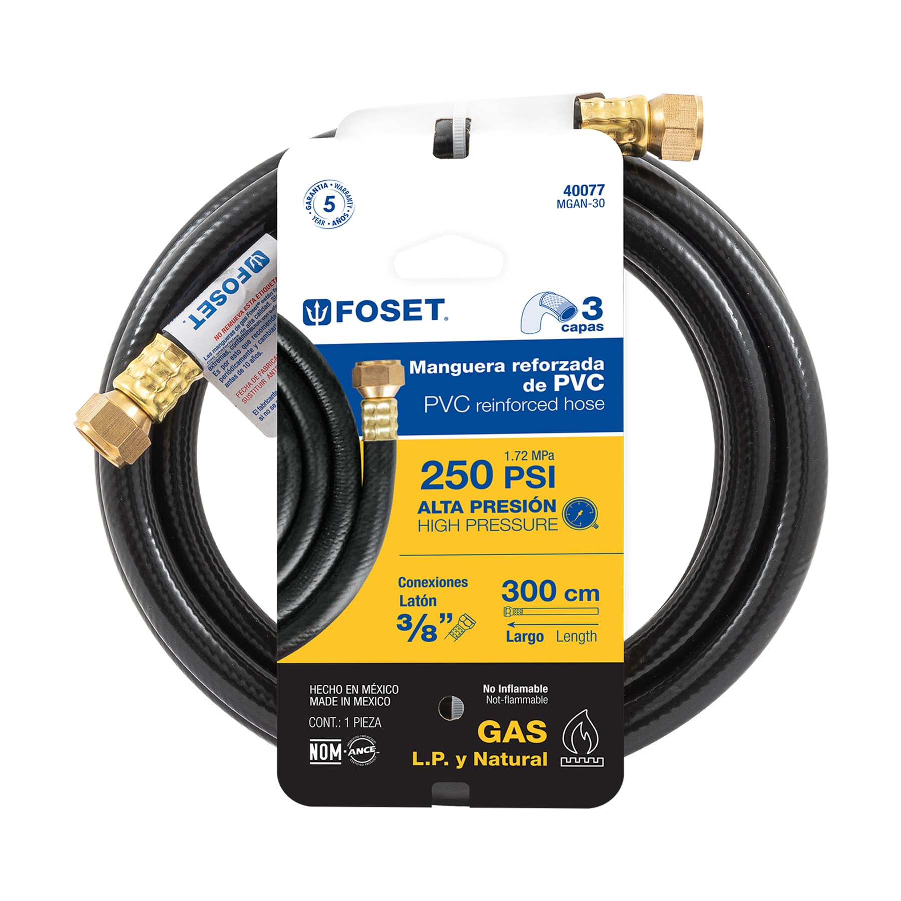 Manguera para gas, PVC negra, 3/8" flare, 3 m, FOSET