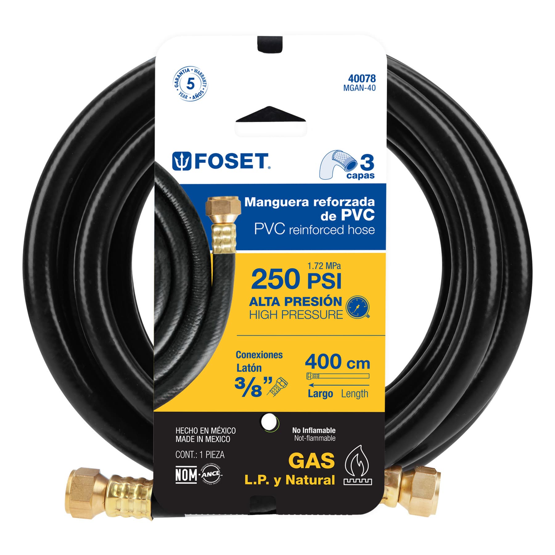 Manguera para gas, PVC negra, 3/8" flare, 4 m, FOSET