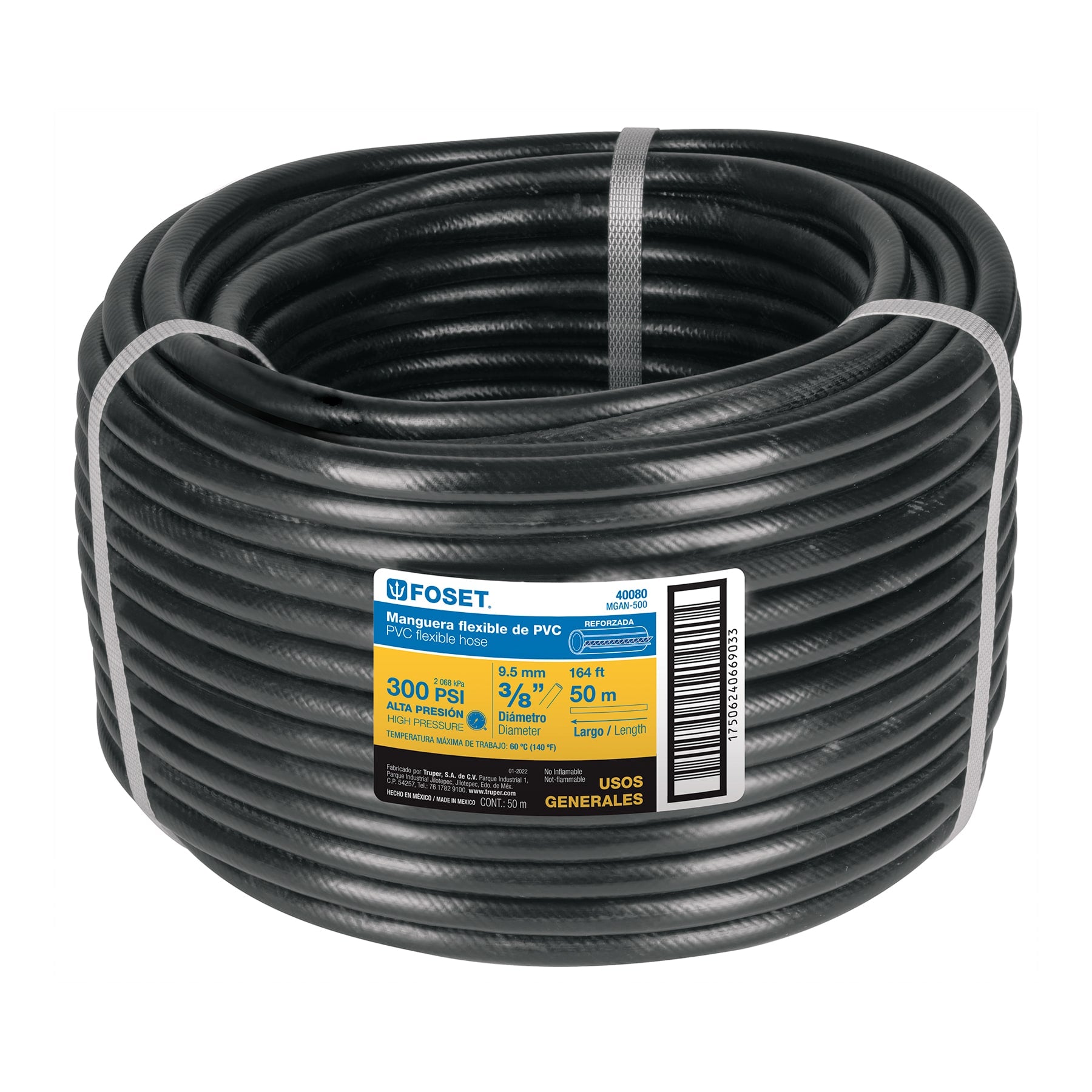 Manguera para gas, PVC negra, 3/8" sin conexión, 50 m, FOSET