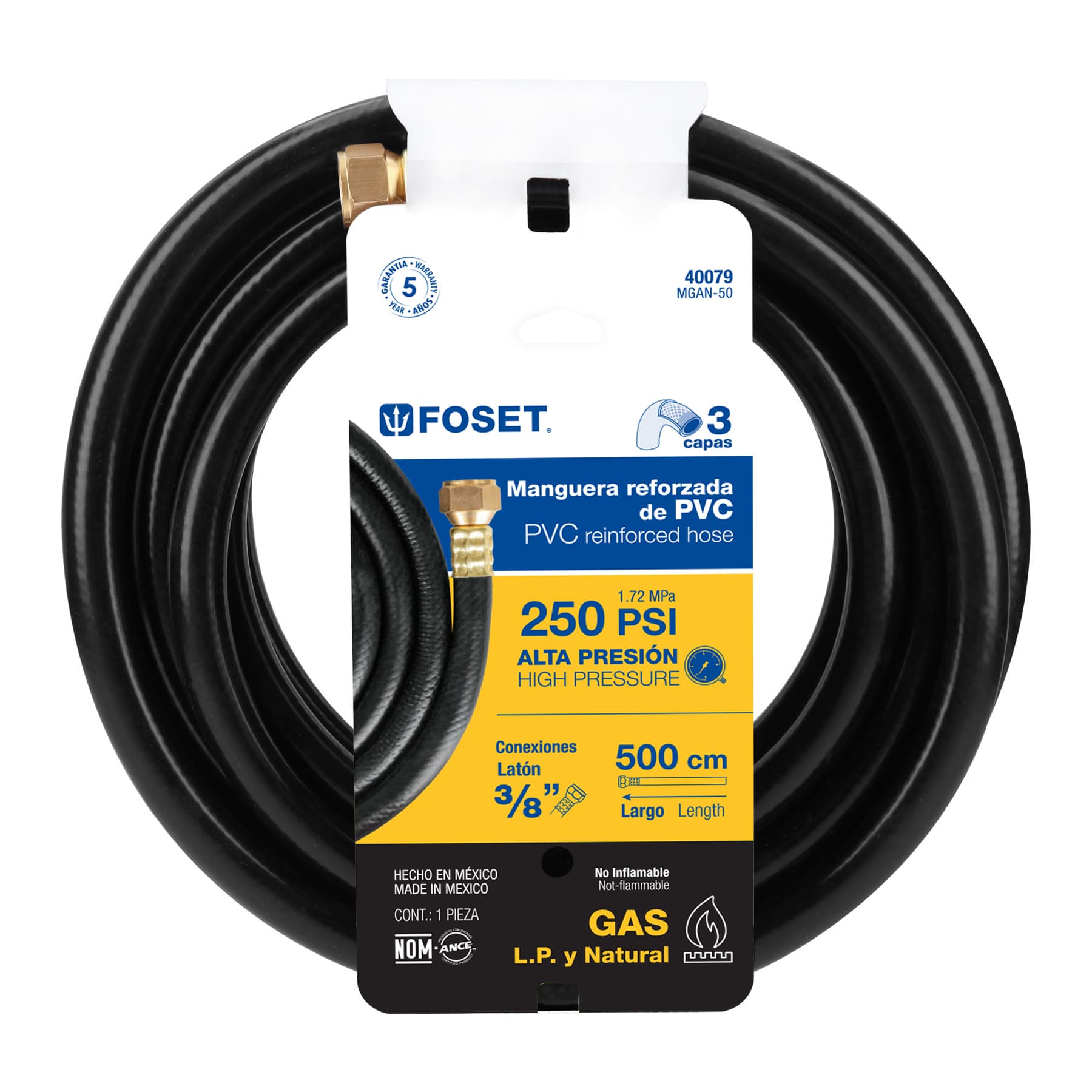 Manguera para gas, PVC negra, 3/8" flare, 5 m, FOSET