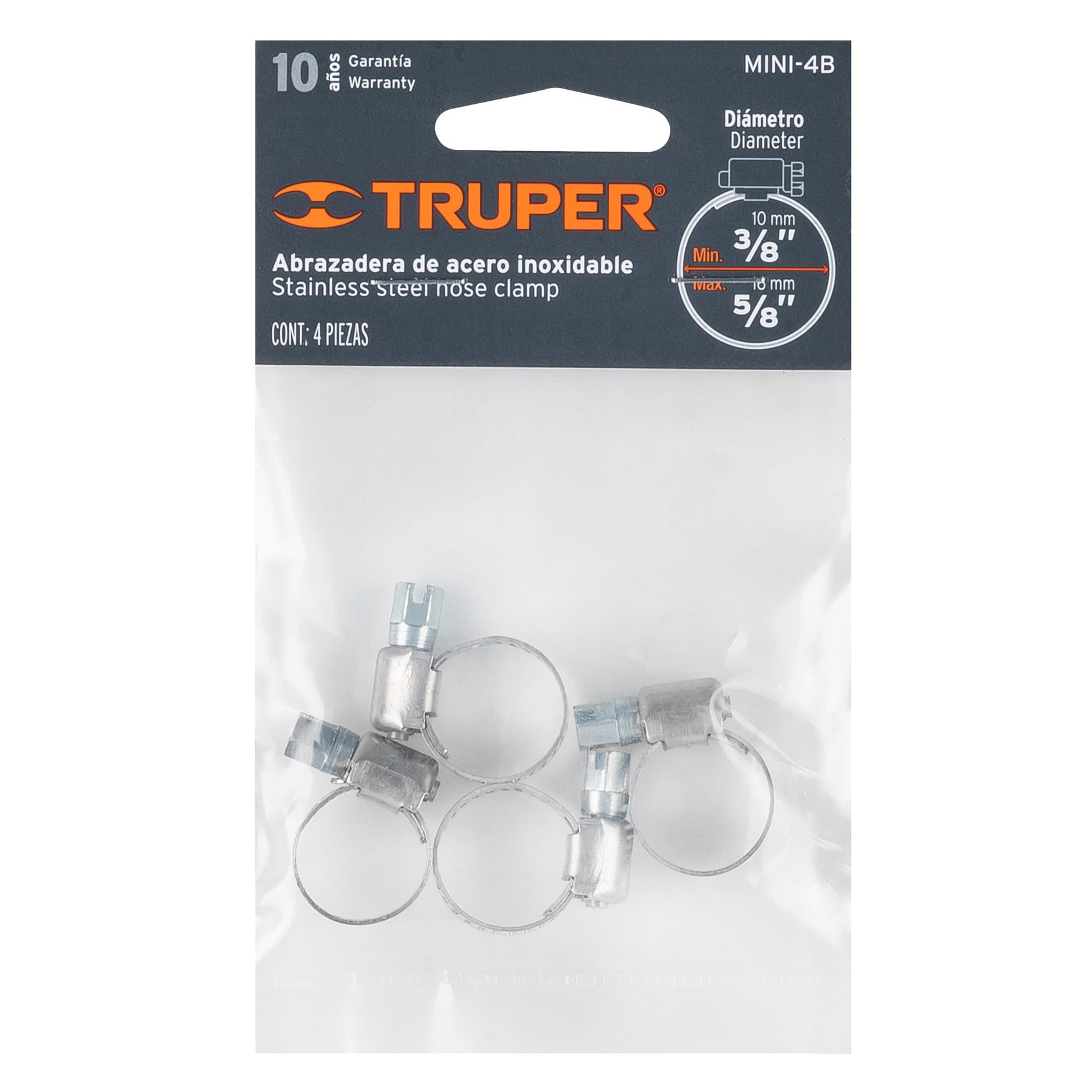 Bolsa c/4 mini abrazaderas sin fin 4, 3/8"- 5/8", TRUPER