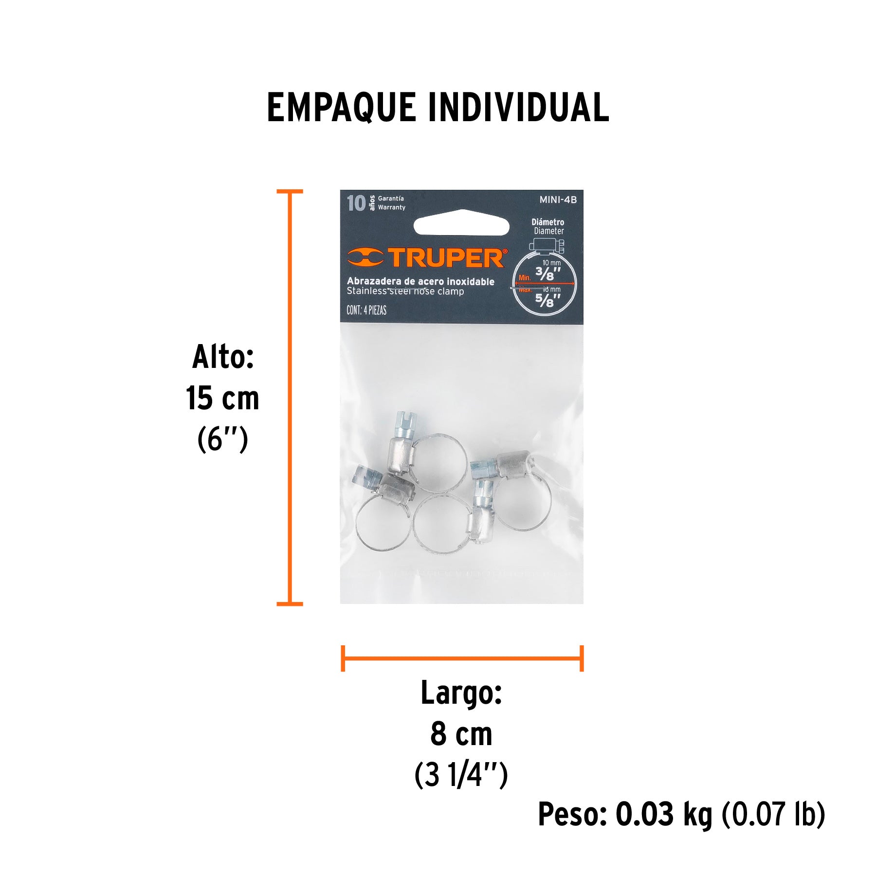 Bolsa c/4 mini abrazaderas sin fin 4, 3/8"- 5/8", TRUPER - Empaque