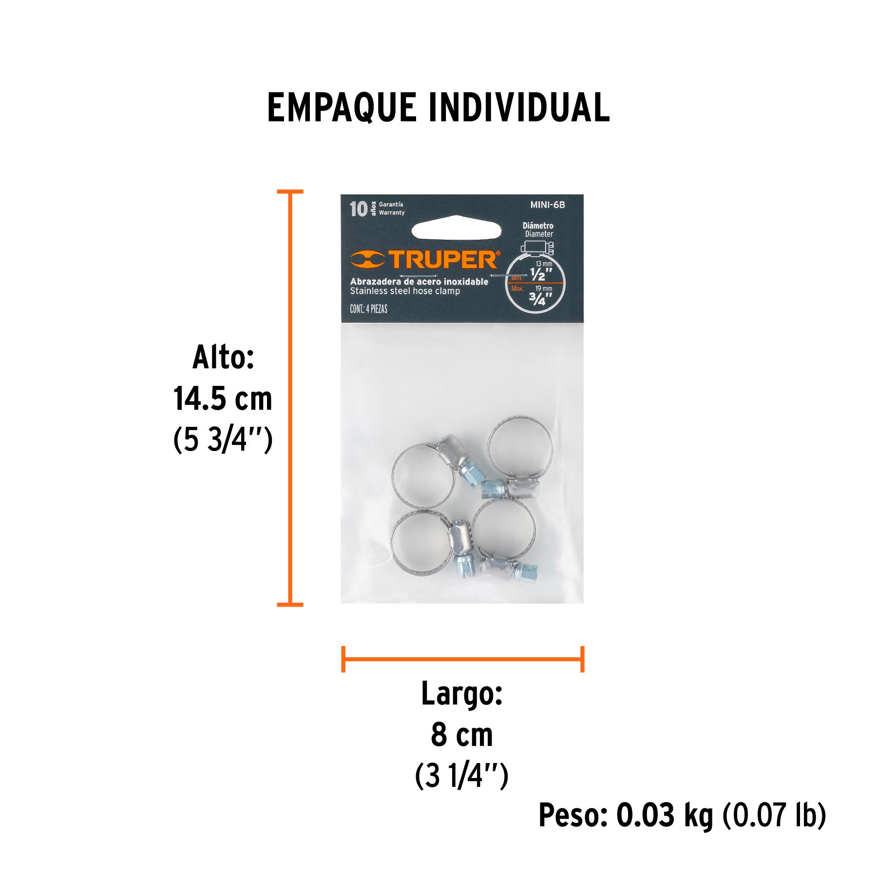 Bolsa c/4 mini abrazaderas sin fin 6, 1/2 - 3/4", TRUPER - Empaque