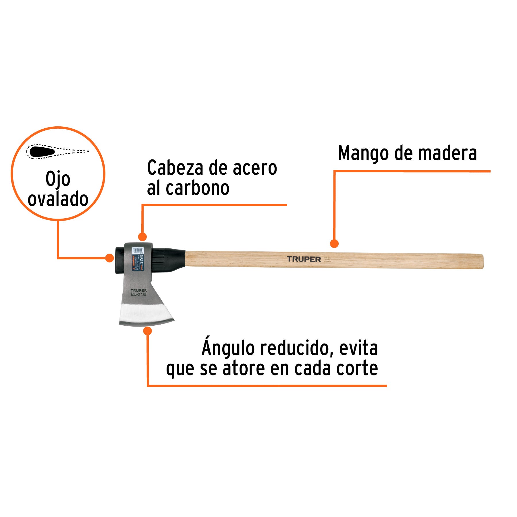 Hacha media labor 3-1/2 lb, mango de madera 36", TRUPER