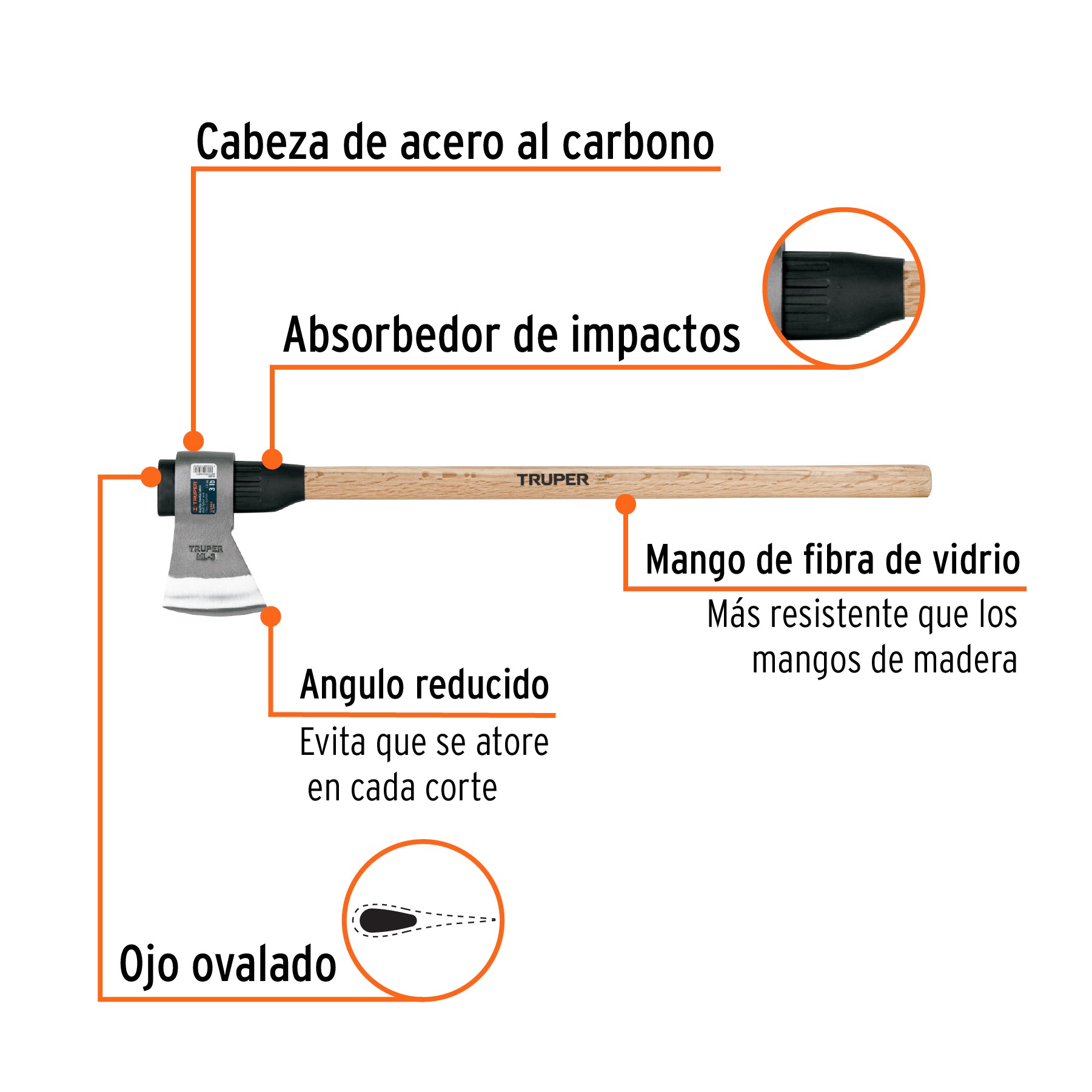 Hacha media labor 3 lb, mango de madera 36", TRUPER
