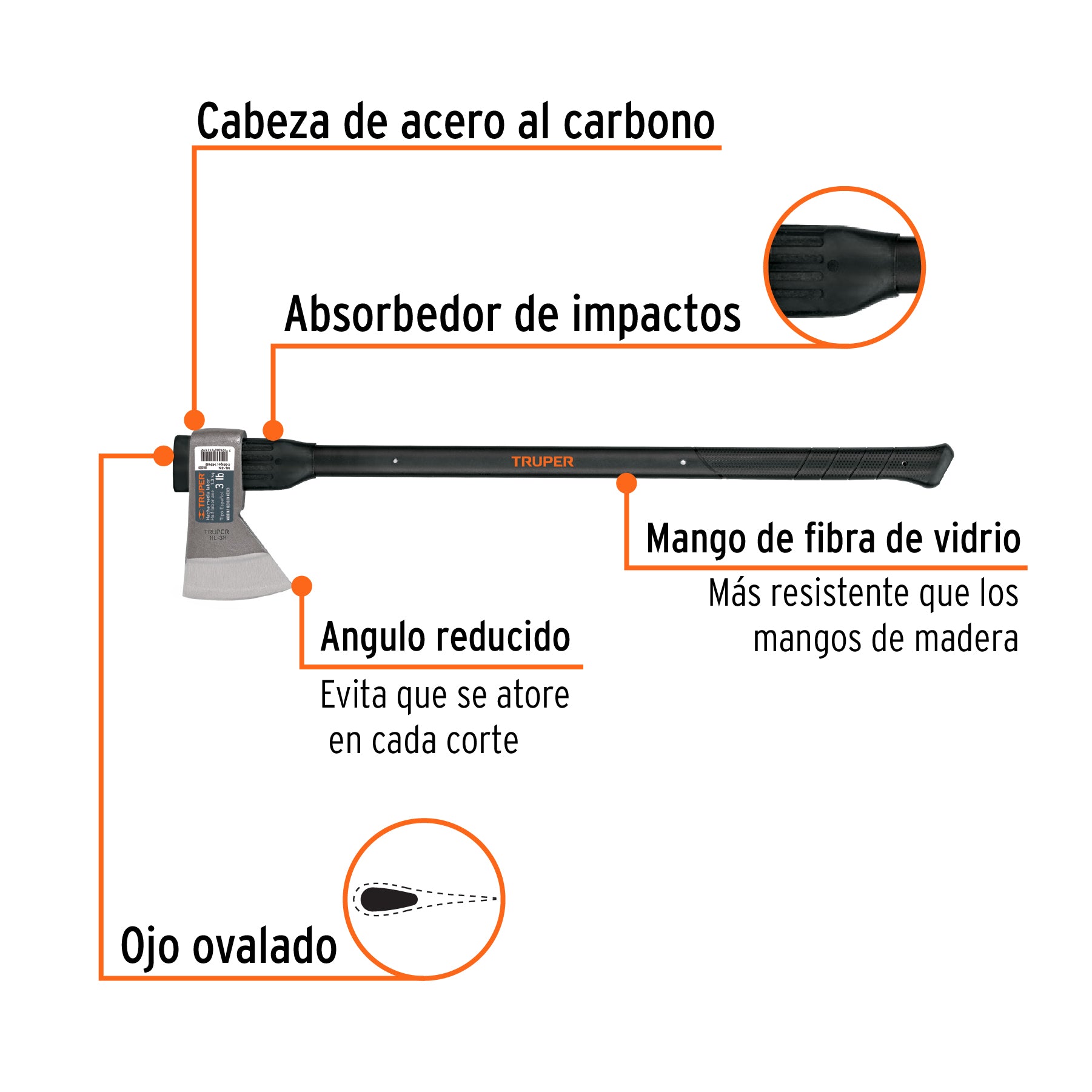 Hacha media labor 3 lb, mango de fibra de vidrio 36", TRUPER