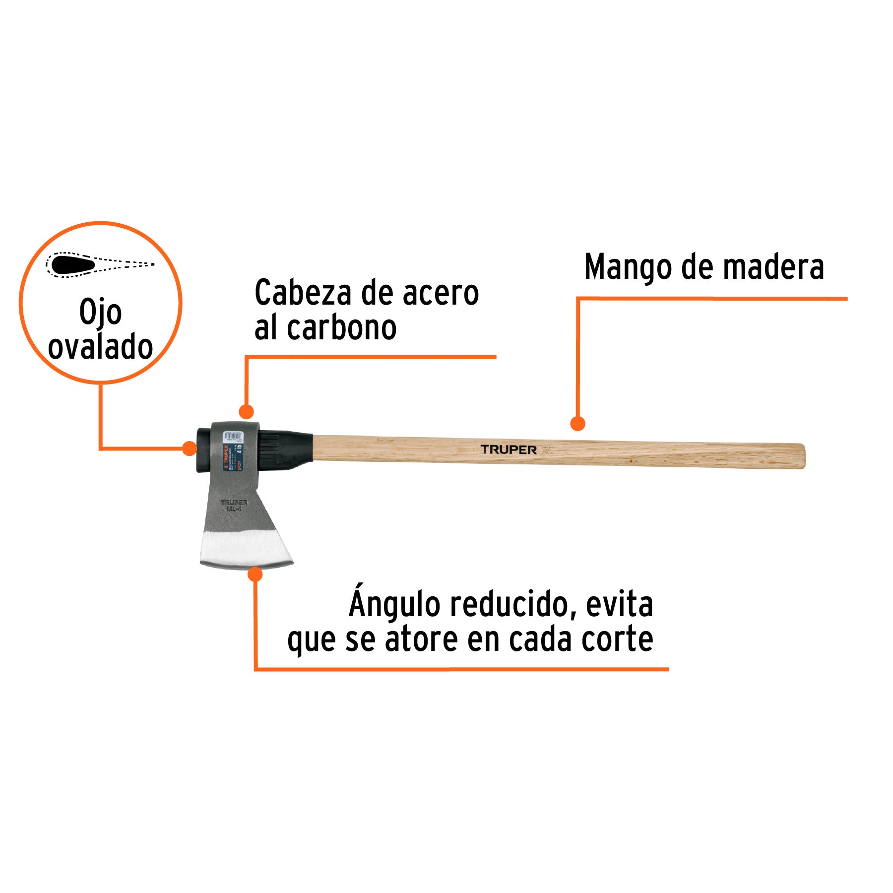Hacha media labor 4 lb, mango de madera 36", TRUPER