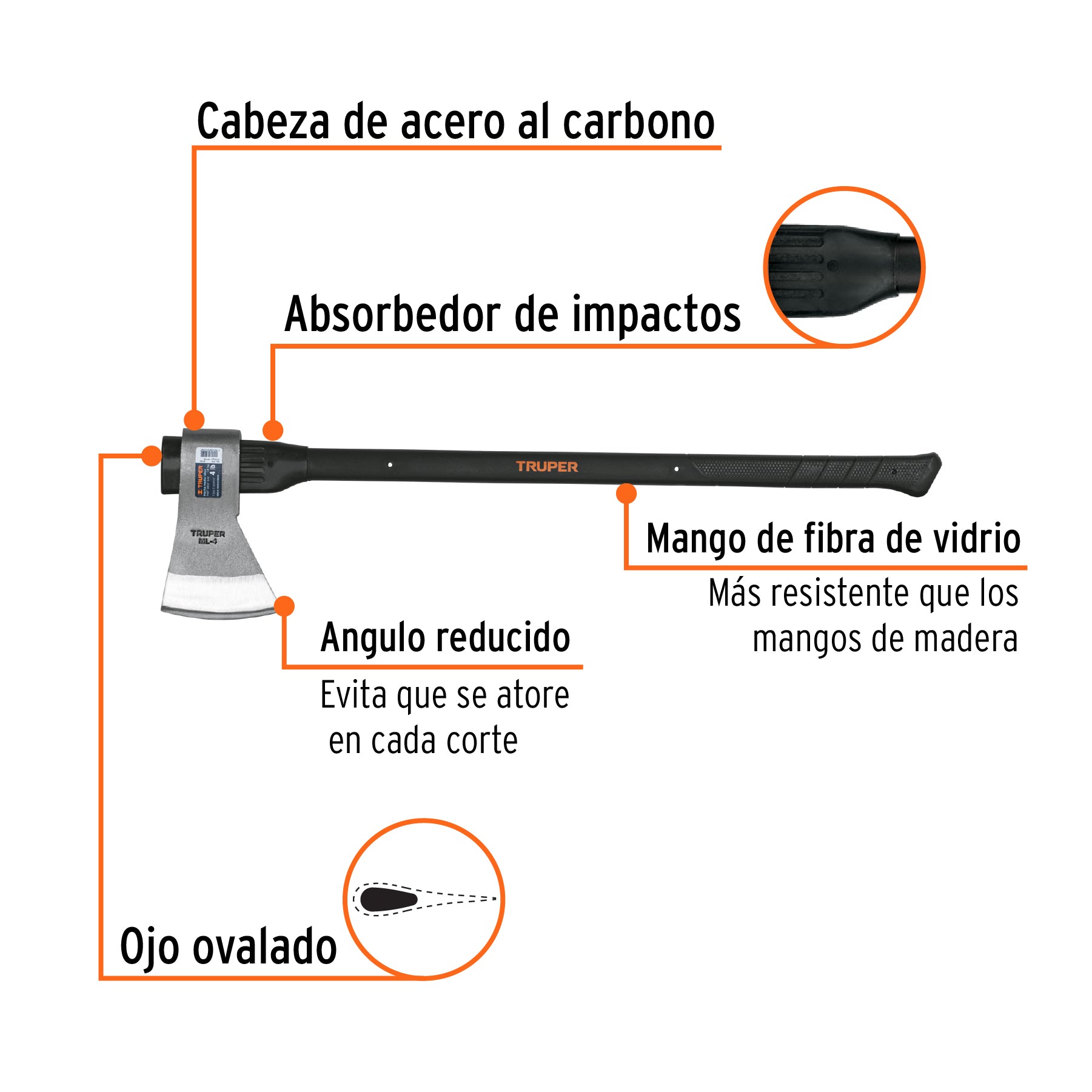Hacha media labor 4 lb, mango de fibra de vidrio 36",TRUPER
