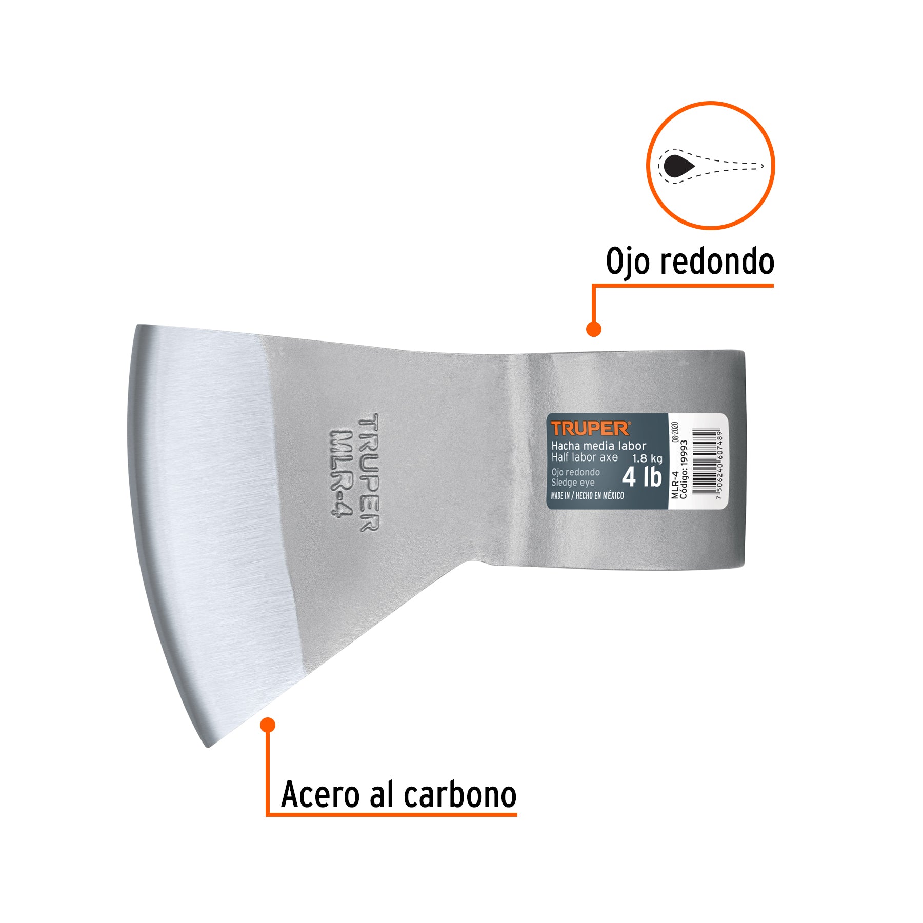 Hacha media labor ojo redondo 4 lb sin mango, TRUPER