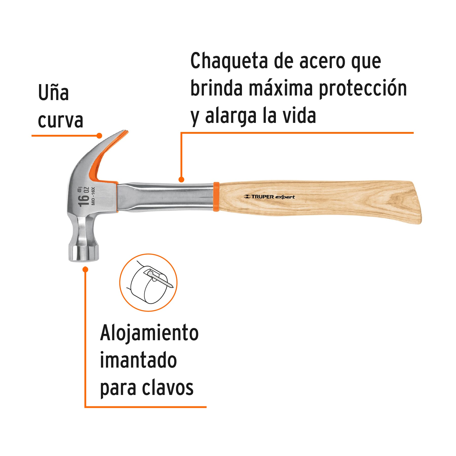 Martillo profesional pulido espejo 16 oz uña curva, EXPERT