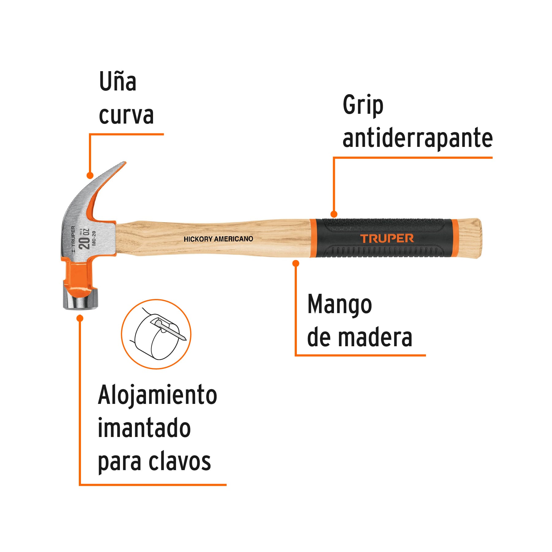 Martillo pulido 20 oz uña curva, mango hickory, TRUPER Grip