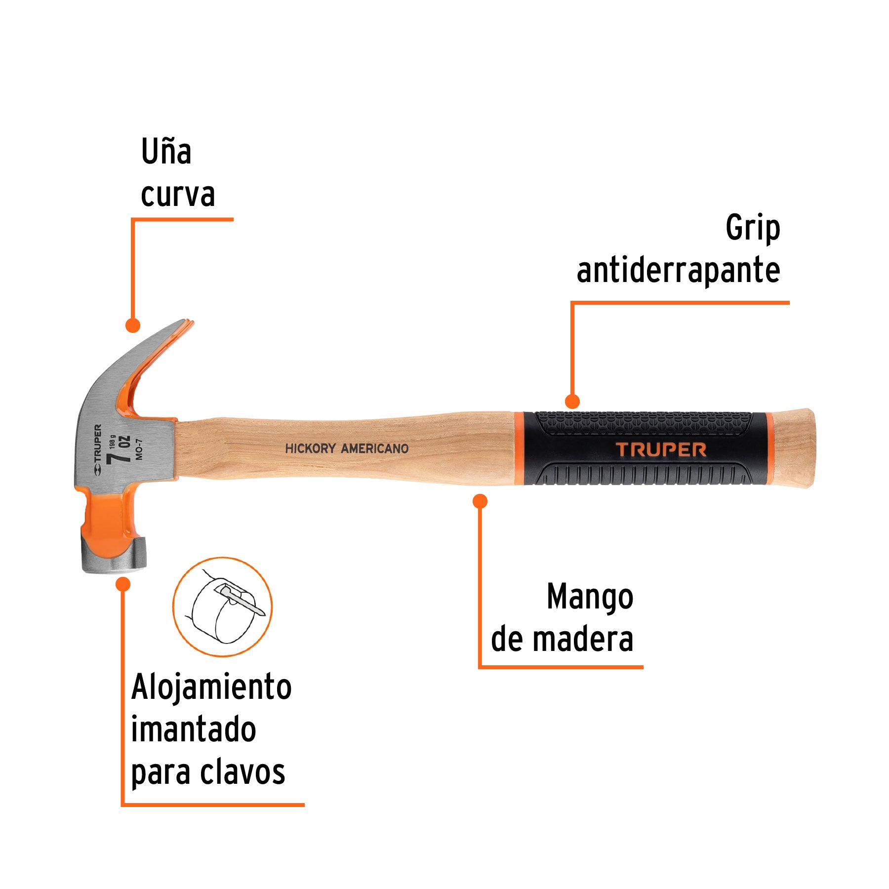 Martillo pulido 7 oz uña curva, mango hickory, TRUPER Grip