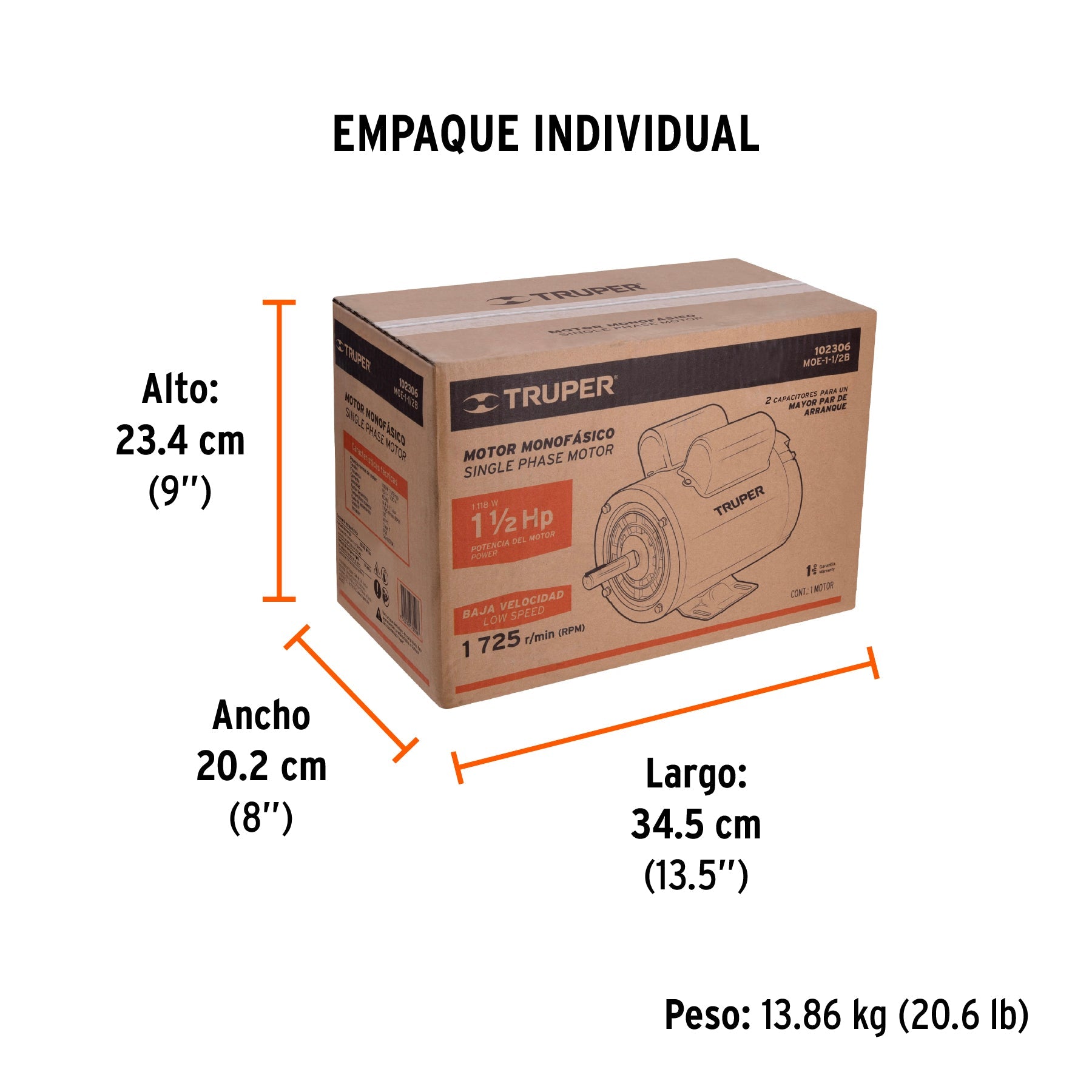 Motor eléctrico monofásico de 1 1/2 HP, baja velocidad - Empaque