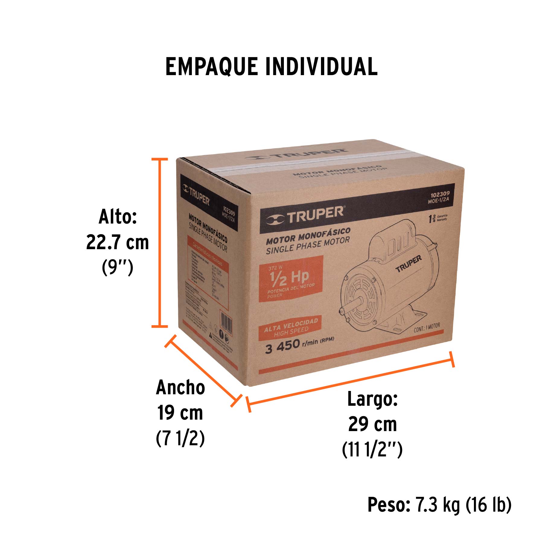 Motor eléctrico monofásico de 1/2 HP, alta velocidad, TRUPER - Empaque