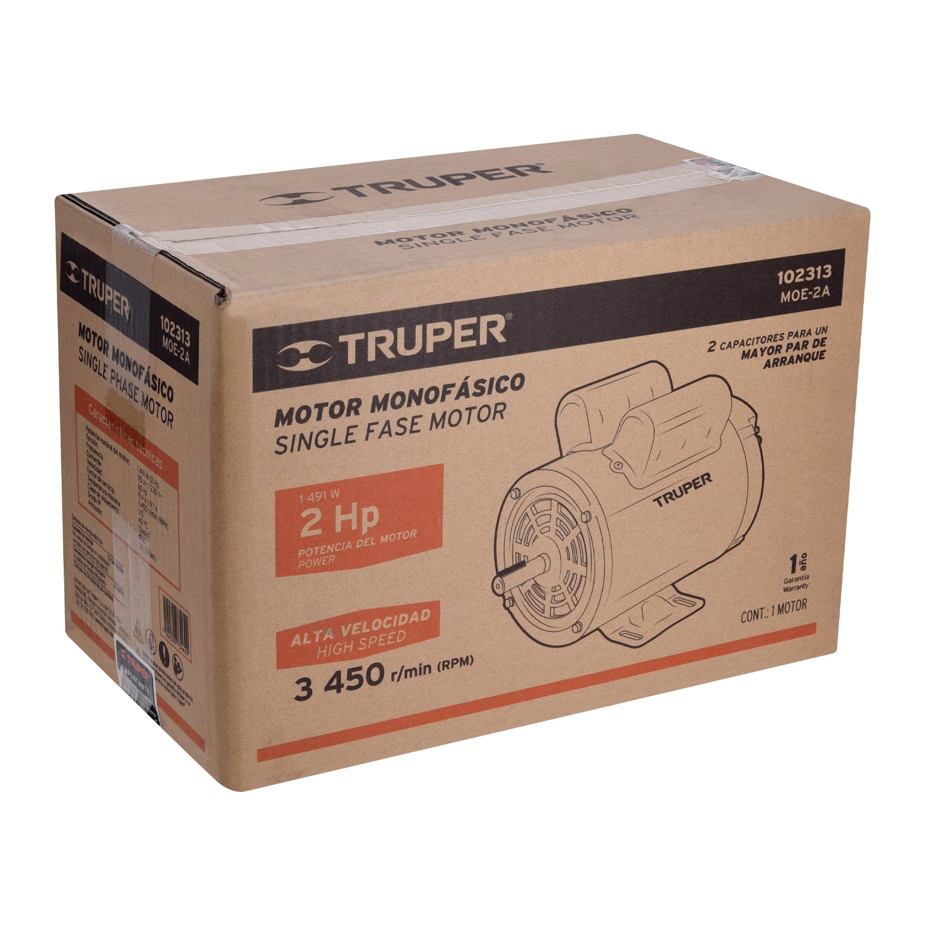 Motor eléctrico monofásico de 2 HP, alta velocidad, TRUPER