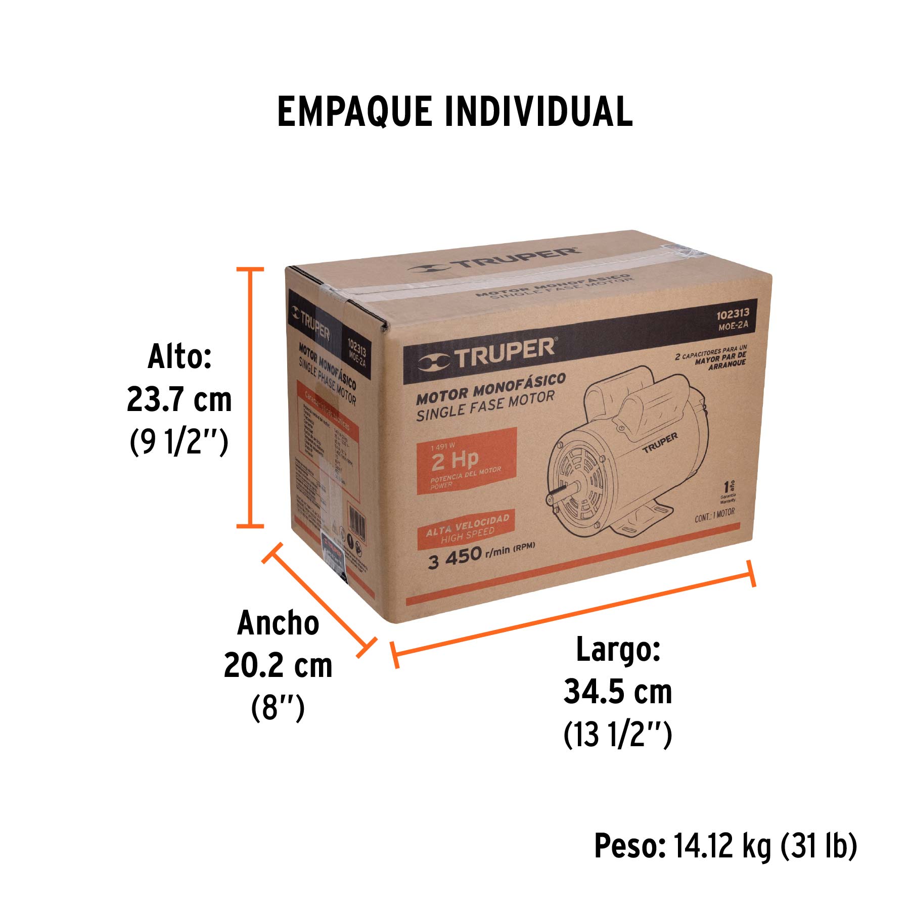 Motor eléctrico monofásico de 2 HP, alta velocidad, TRUPER - Empaque