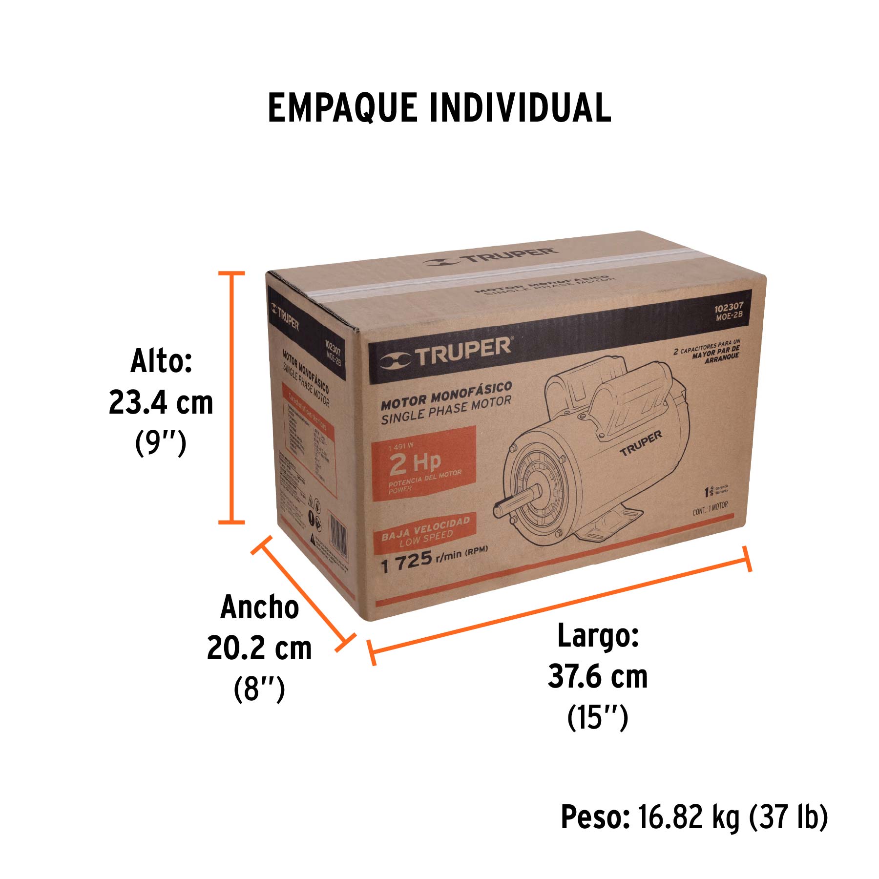 Motor eléctrico monofásico de 2 HP, baja velocidad, TRUPER - Empaque