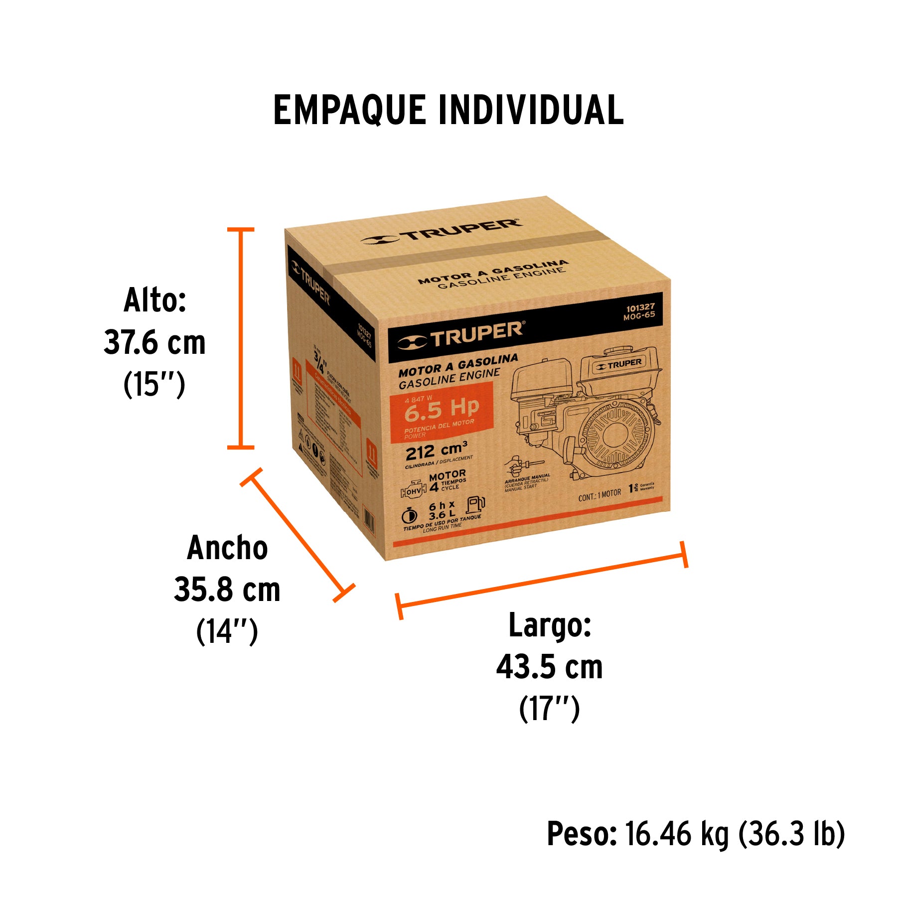 Motor a gasolina 6.5HP, TRUPER - Empaque
