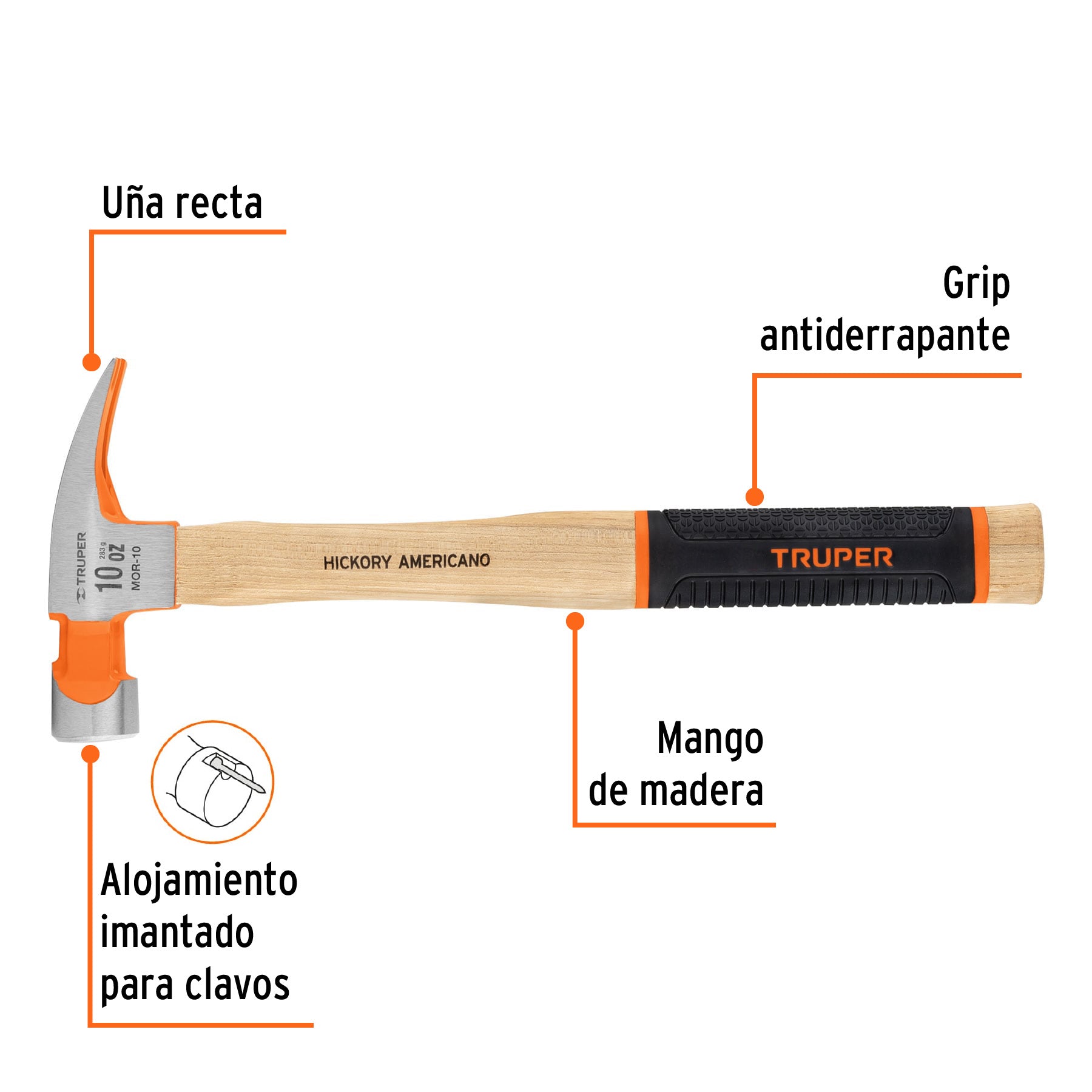 Martillo pulido 10 oz uña recta, mango hickory, TRUPER Grip