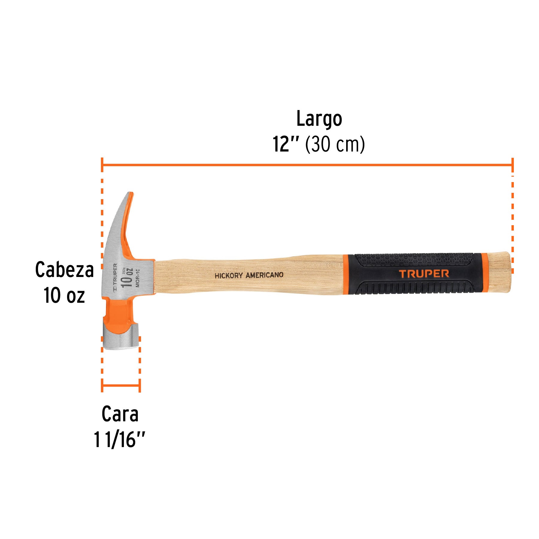 Martillo pulido 10 oz uña recta, mango hickory, TRUPER Grip