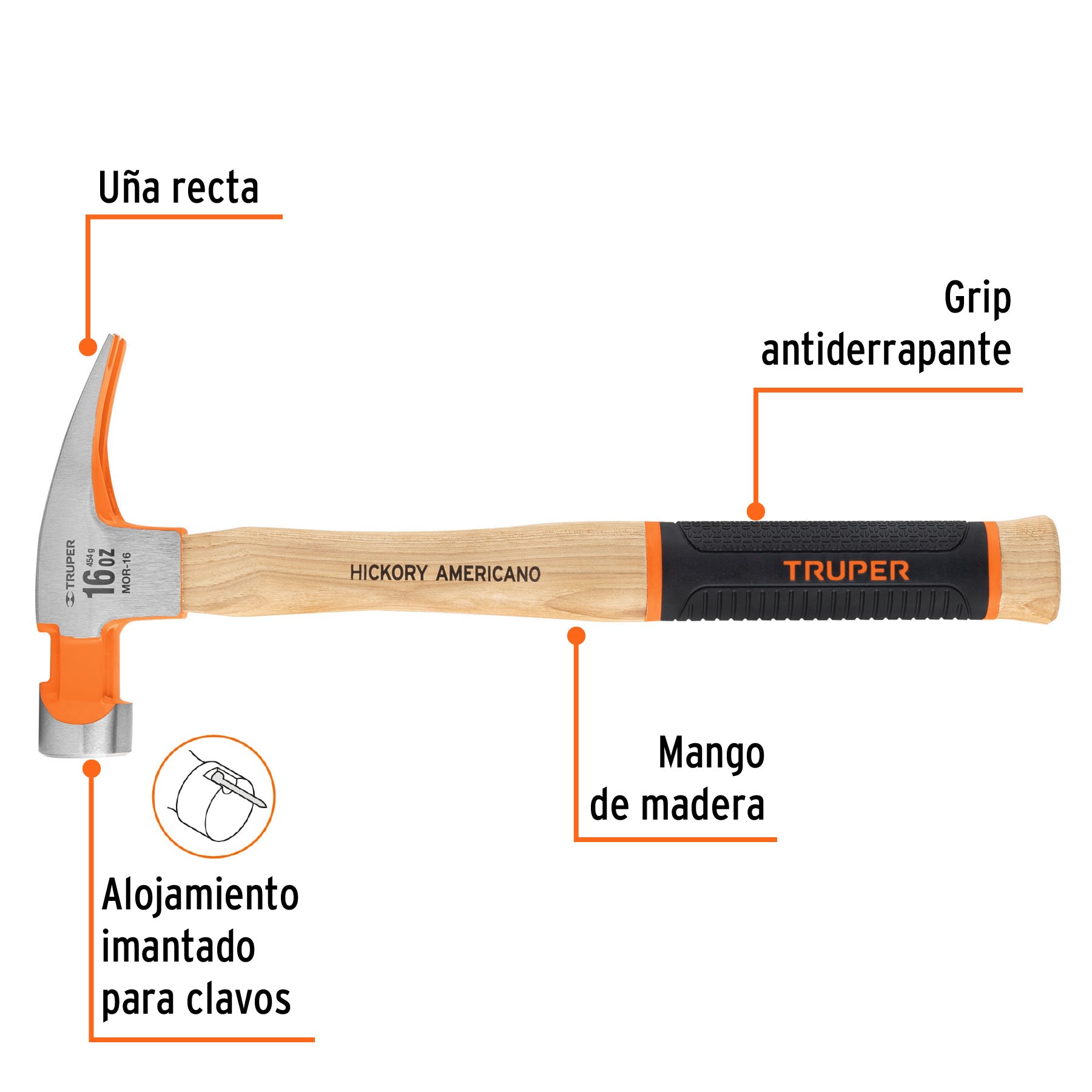 Martillo pulido 16 oz uña recta, mango hickory, TRUPER Grip