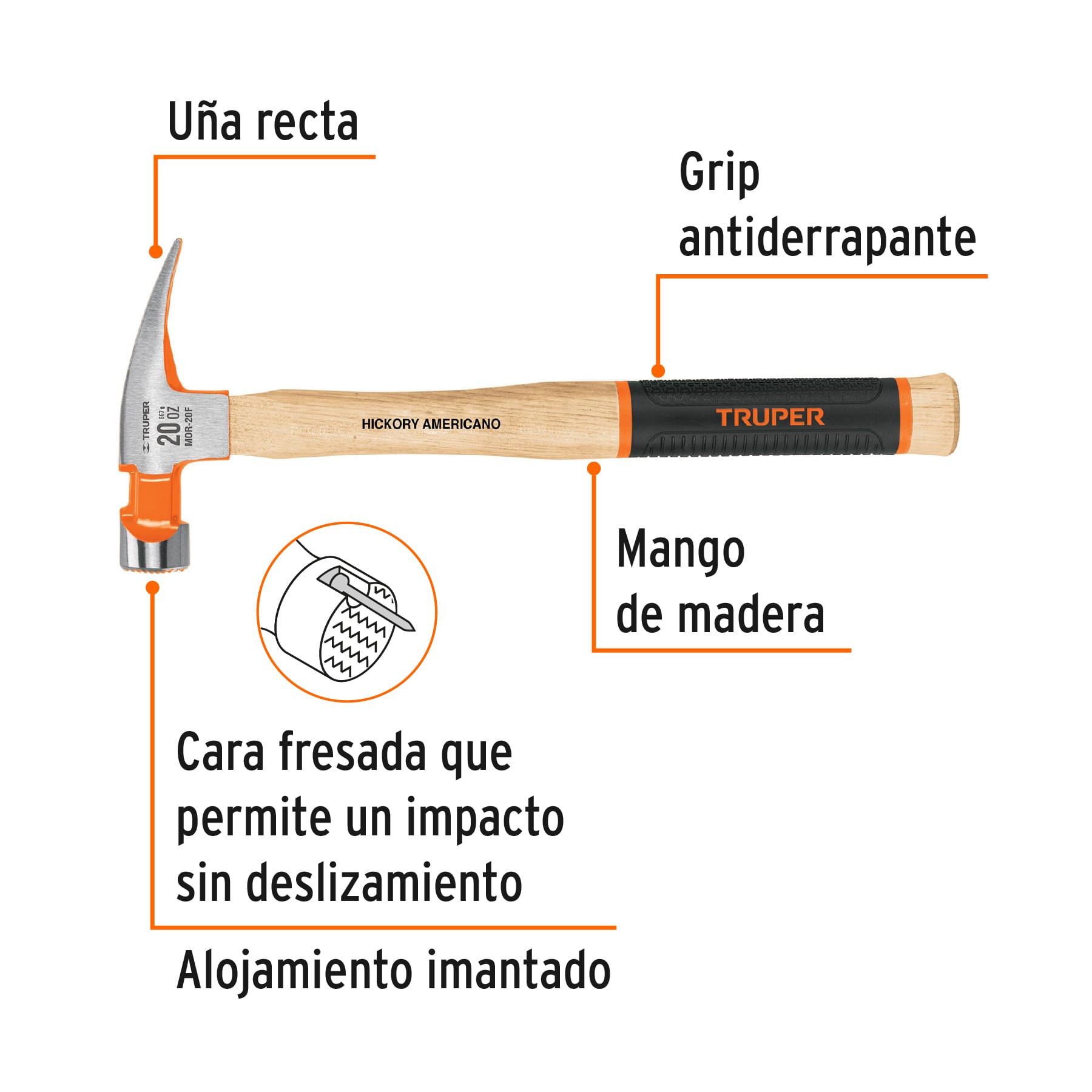 Martillo pulido 20 oz uña recta, boca fresada, TRUPER Grip