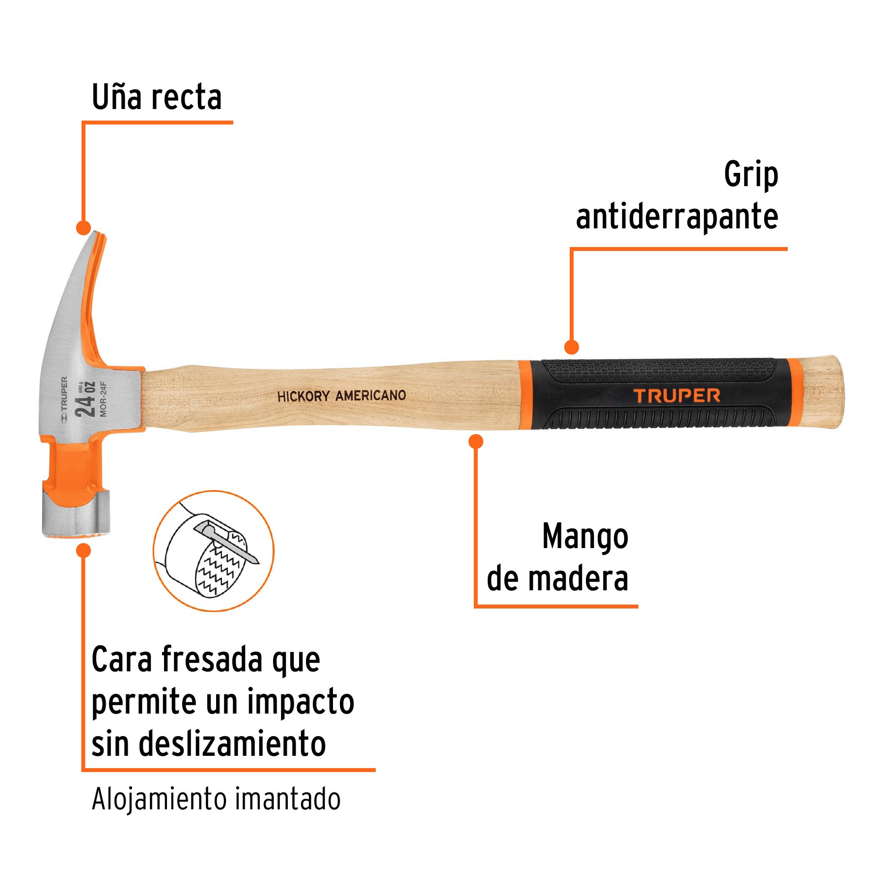 Martillo pulido 24 oz uña recta, boca fresada, TRUPER Grip