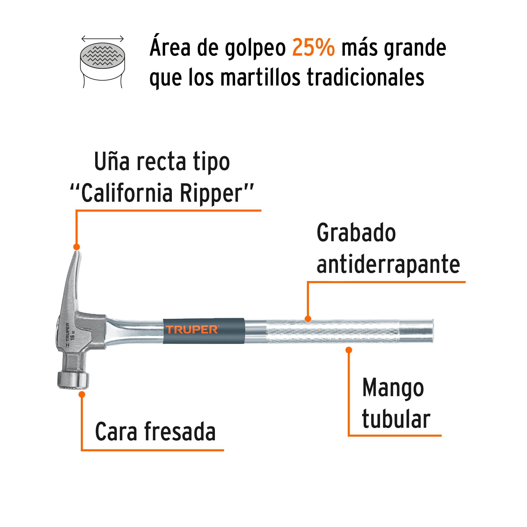 Martillo tubular 16 oz uña California Ripper, cara fresada
