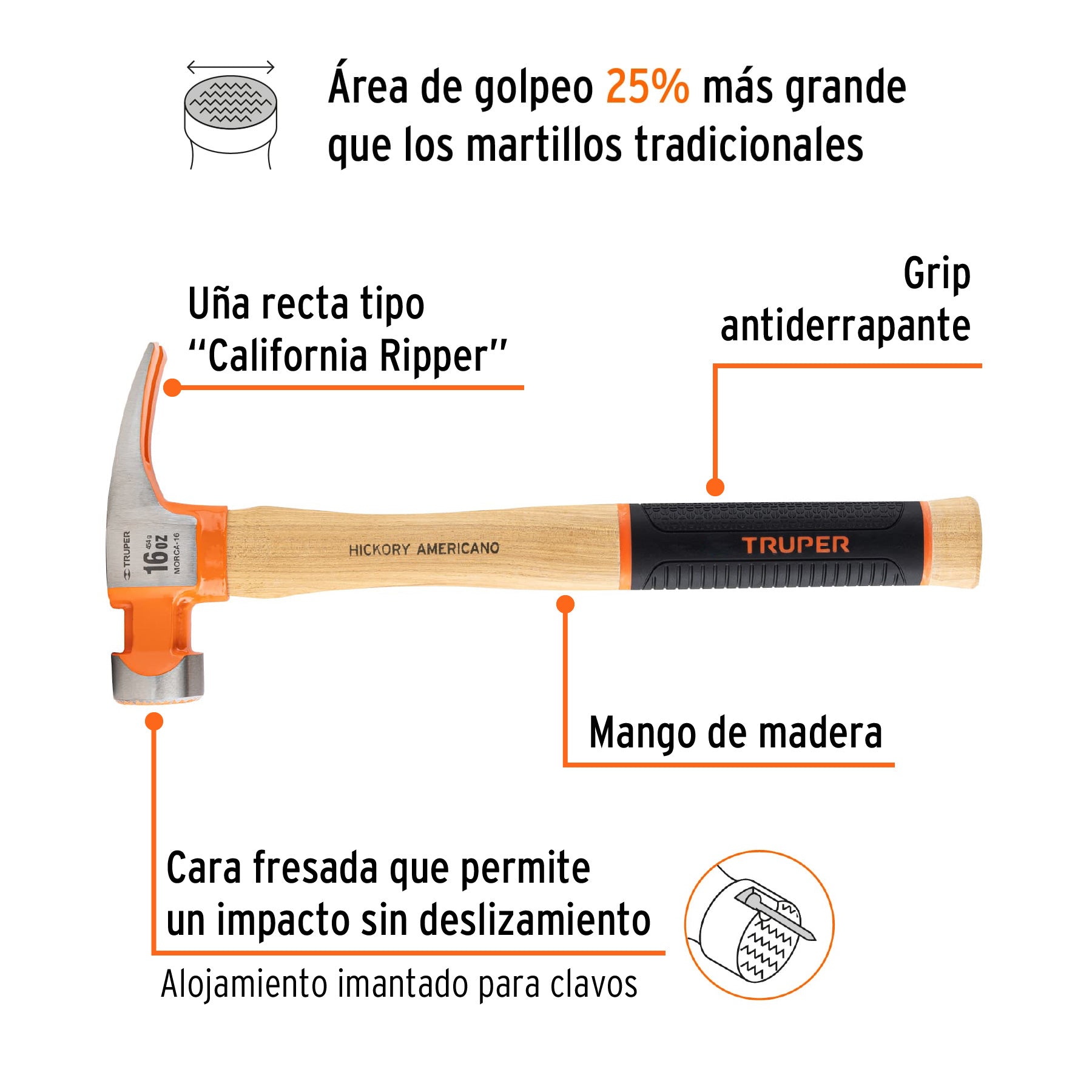 Martillo 16 oz uña recta tipo California Ripper, TRUPER Grip