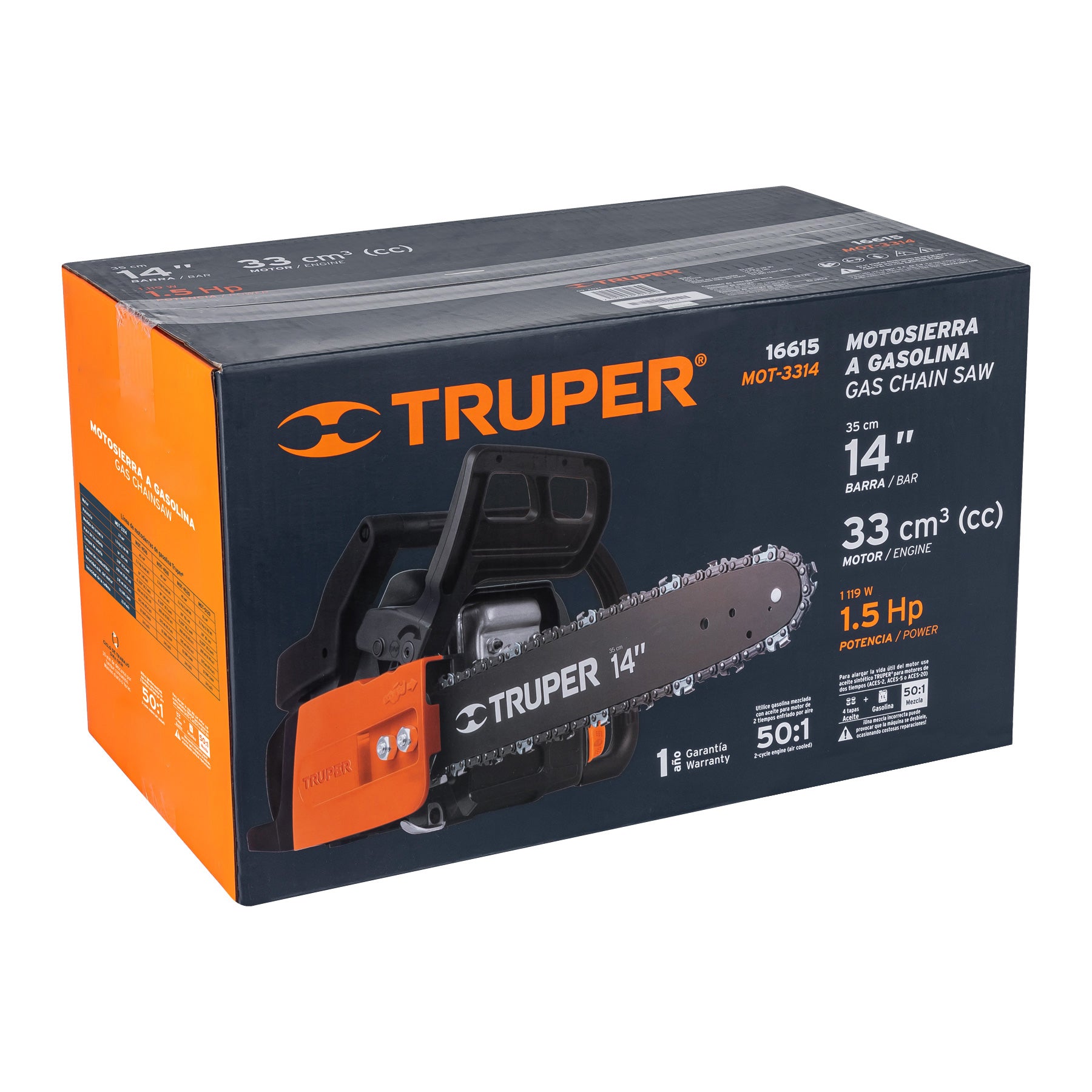 Motosierra 33 cc a gasolina con barra de 14", TRUPER