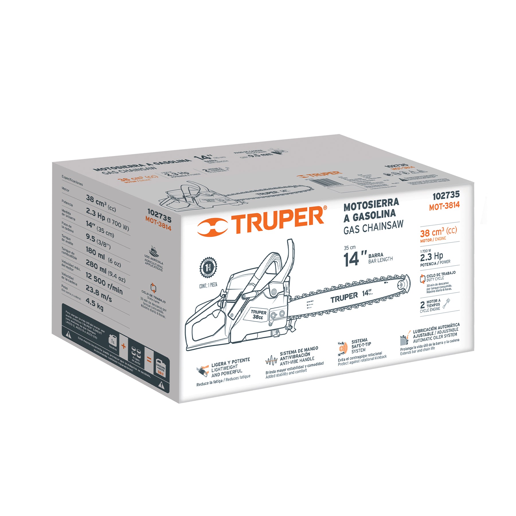 Motosierra 38 cc a gasolina con barra de 14", TRUPER