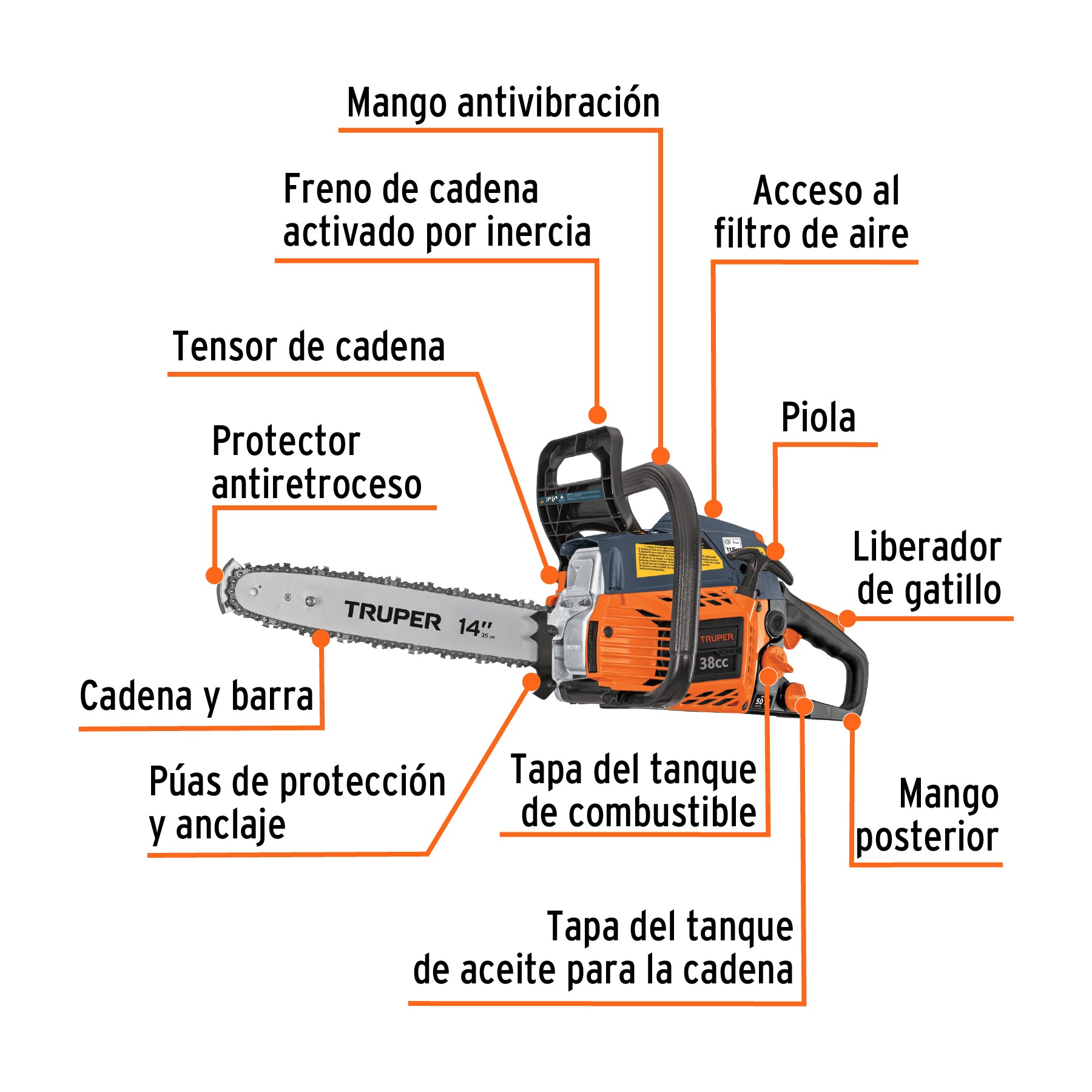 Motosierra 38 cc a gasolina con barra de 14", TRUPER