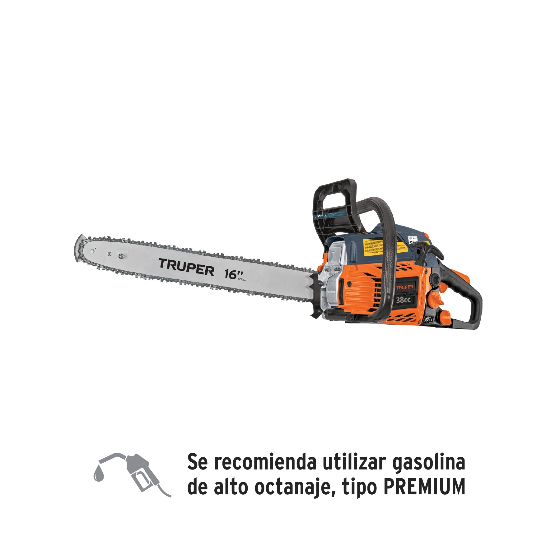 Motosierra 38 cc a gasolina con barra de 16", TRUPER
