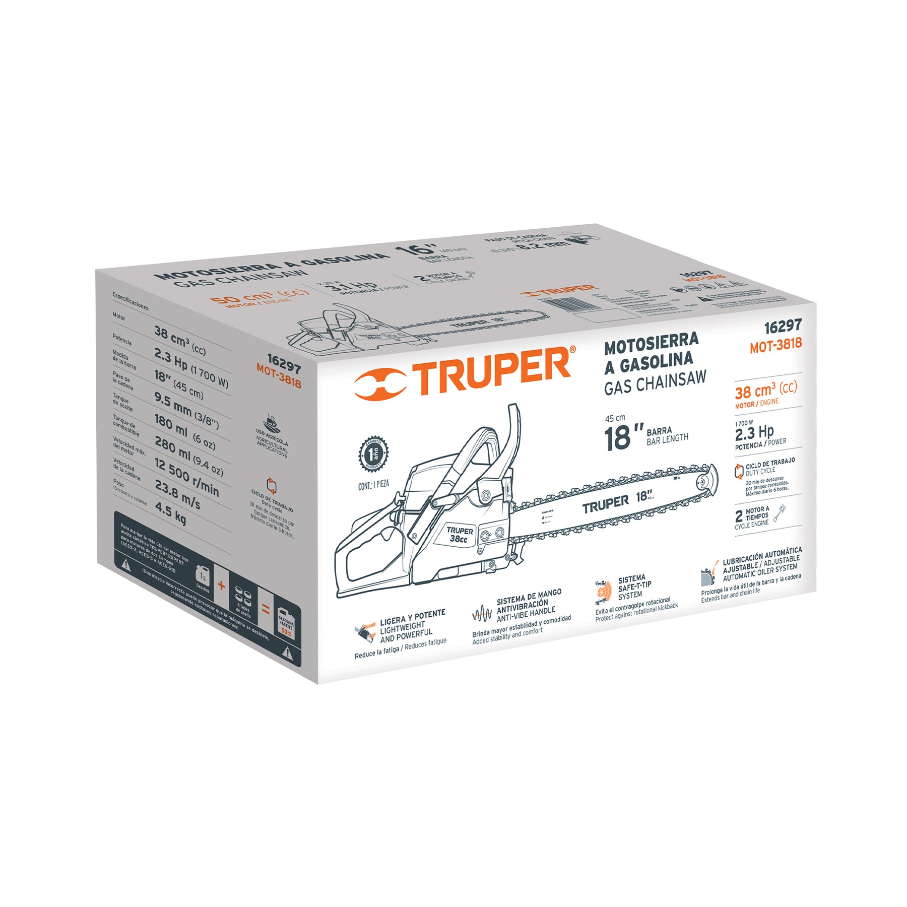 Motosierra 38 cc a gasolina con barra de 18", TRUPER