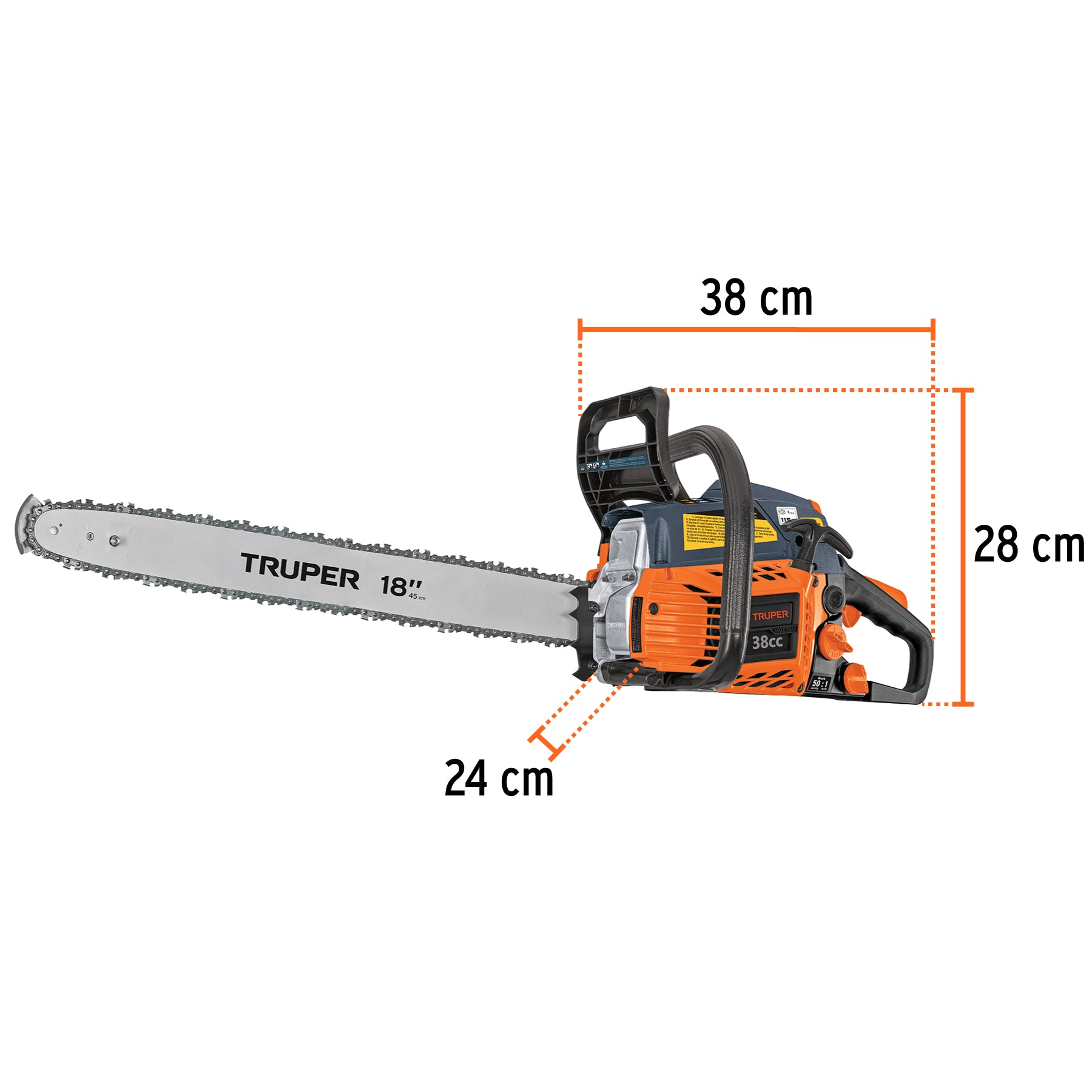 Motosierra 38 cc a gasolina con barra de 18", TRUPER