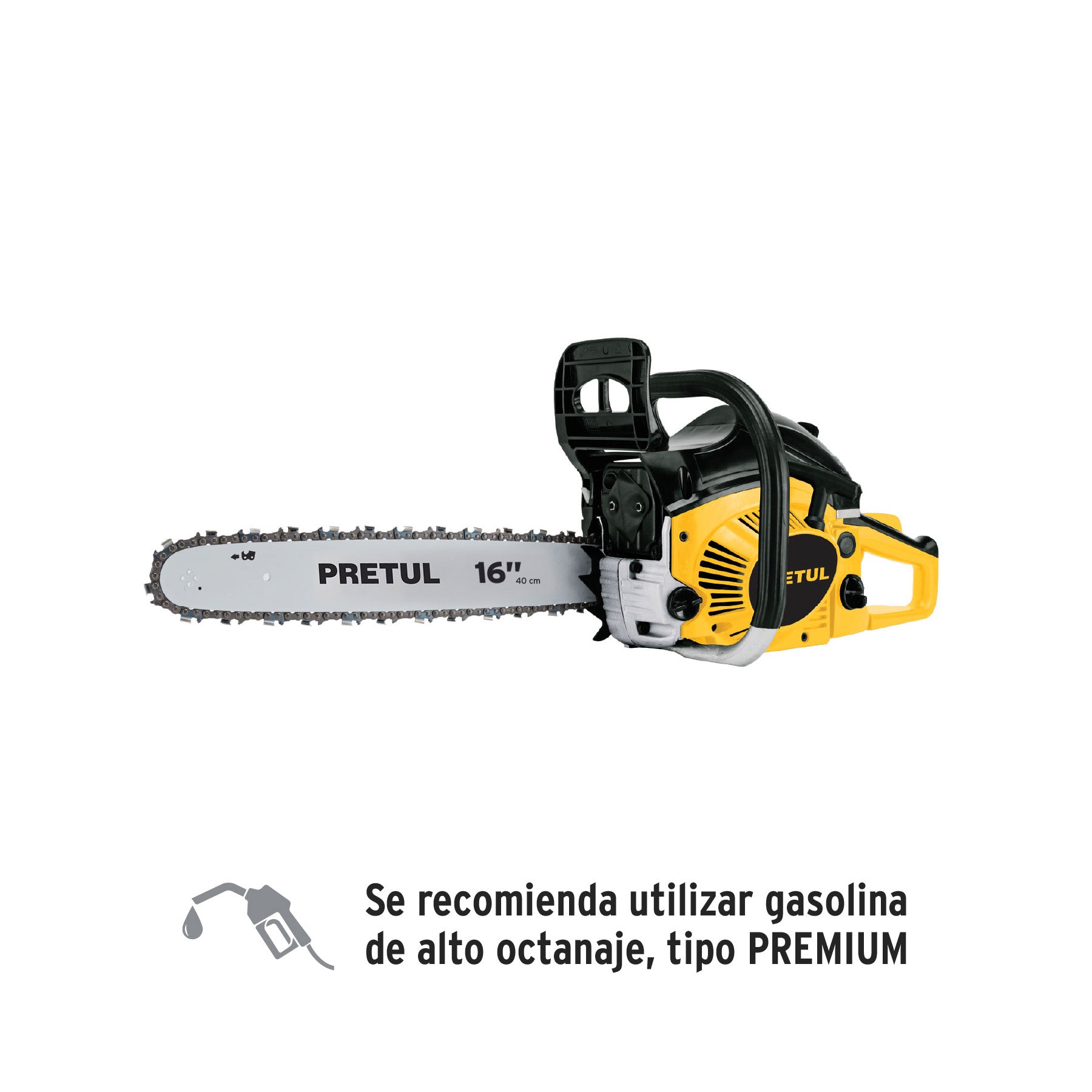 Motosierra 45 cc a gasolina con barra de 16", PRETUL