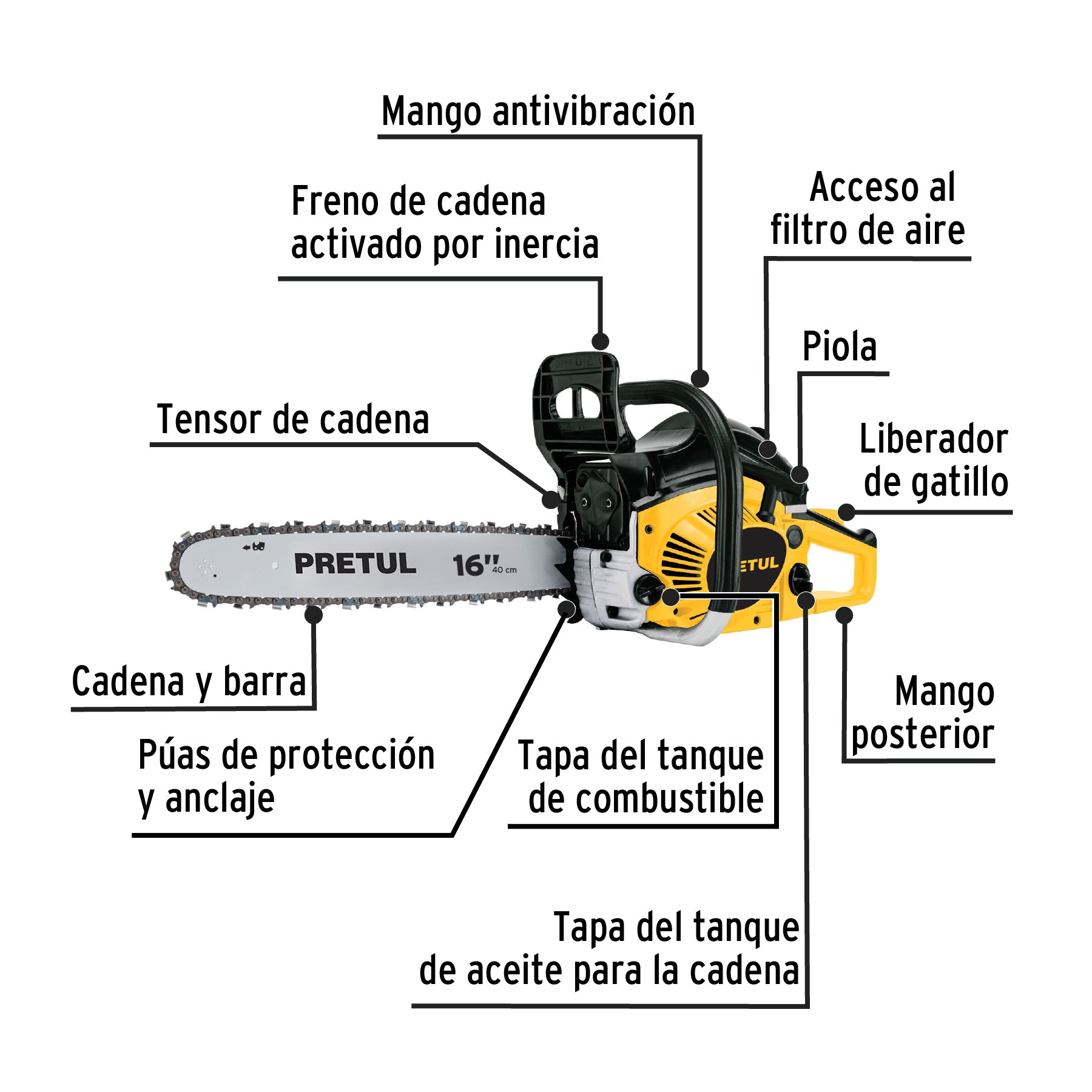 Motosierra 45 cc a gasolina con barra de 16", PRETUL