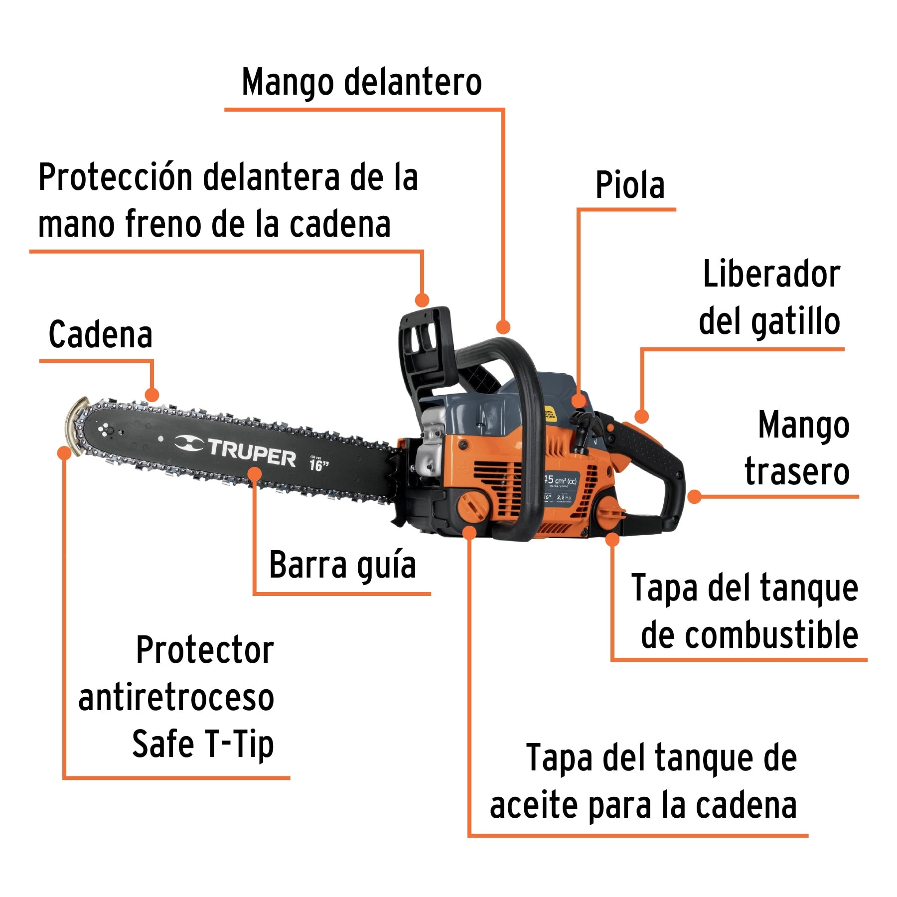 Motosierra 45 cc a gasolina con barra de 16", TRUPER