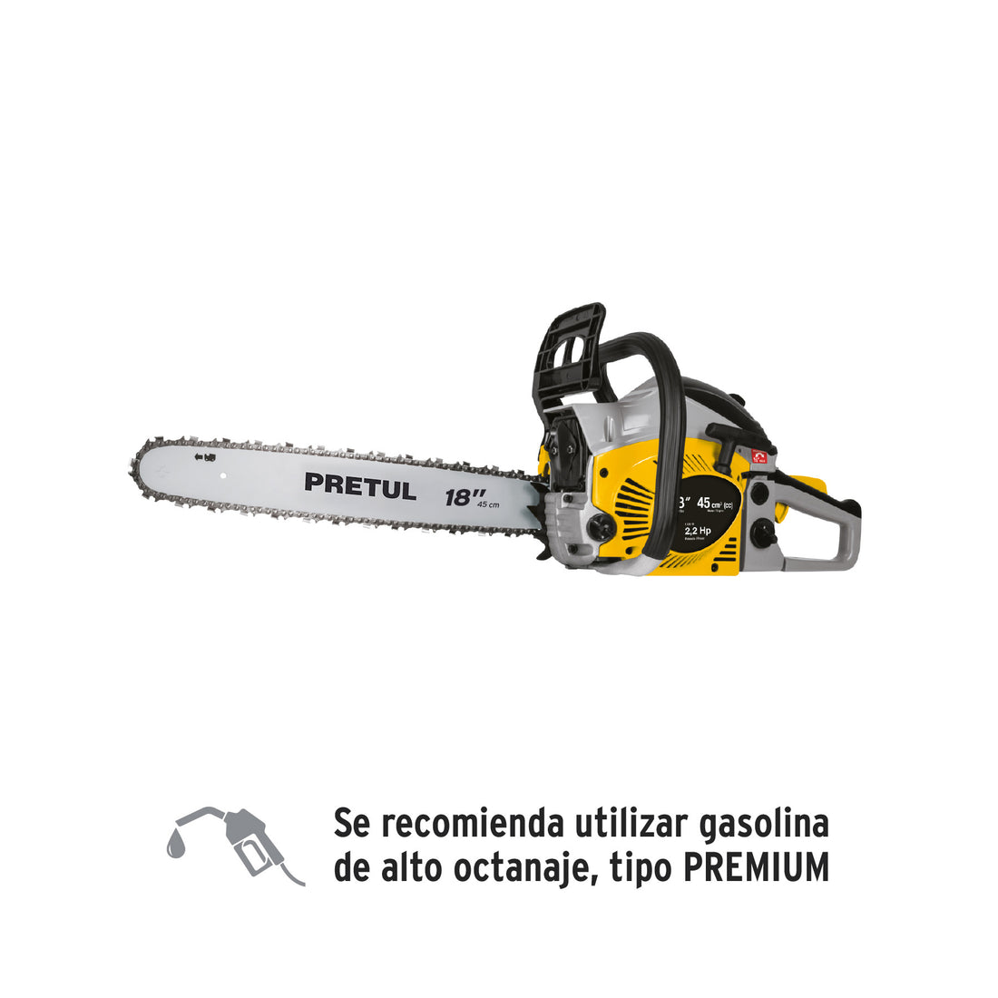Motosierra 45 cc a gasolina con barra de 18", PRETUL