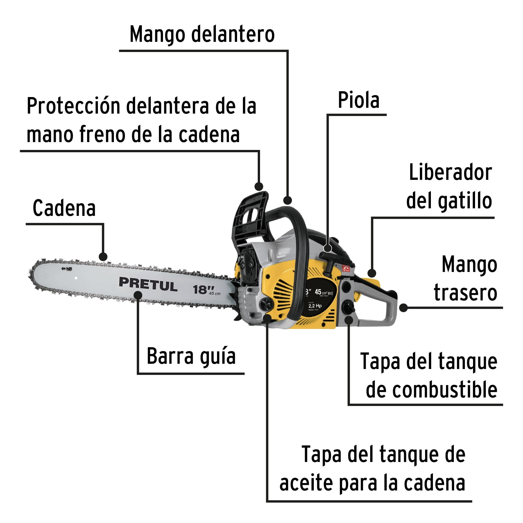 Motosierra 45 cc a gasolina con barra de 18", PRETUL