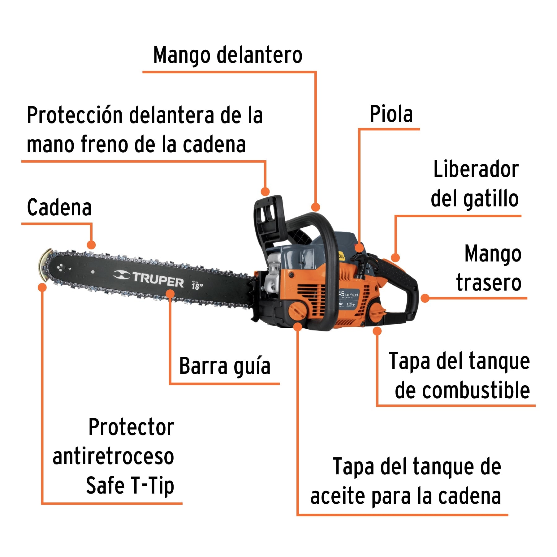Motosierra 45 cc a gasolina con barra de 18", TRUPER
