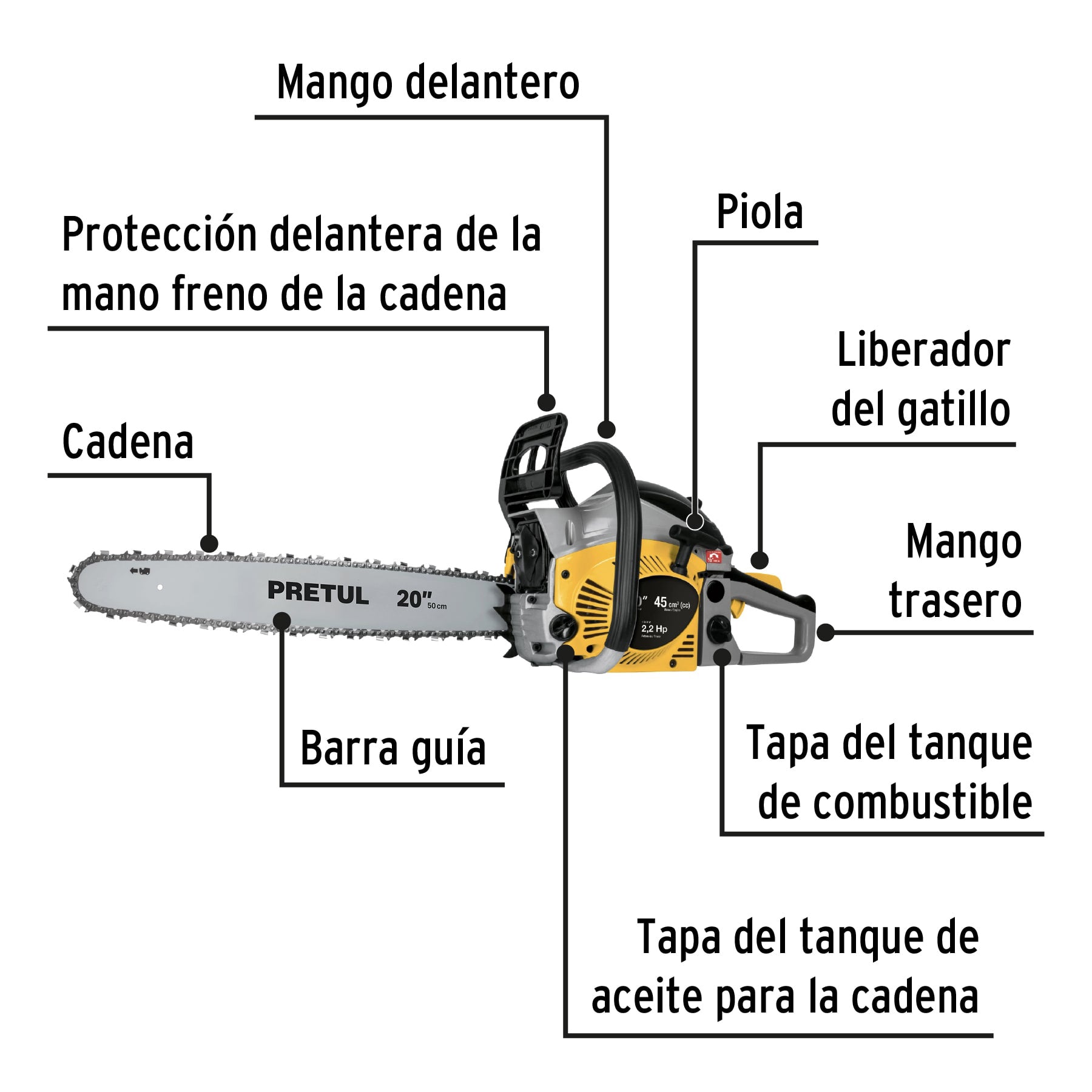 Motosierra 45 cc a gasolina con barra de 20", PRETUL