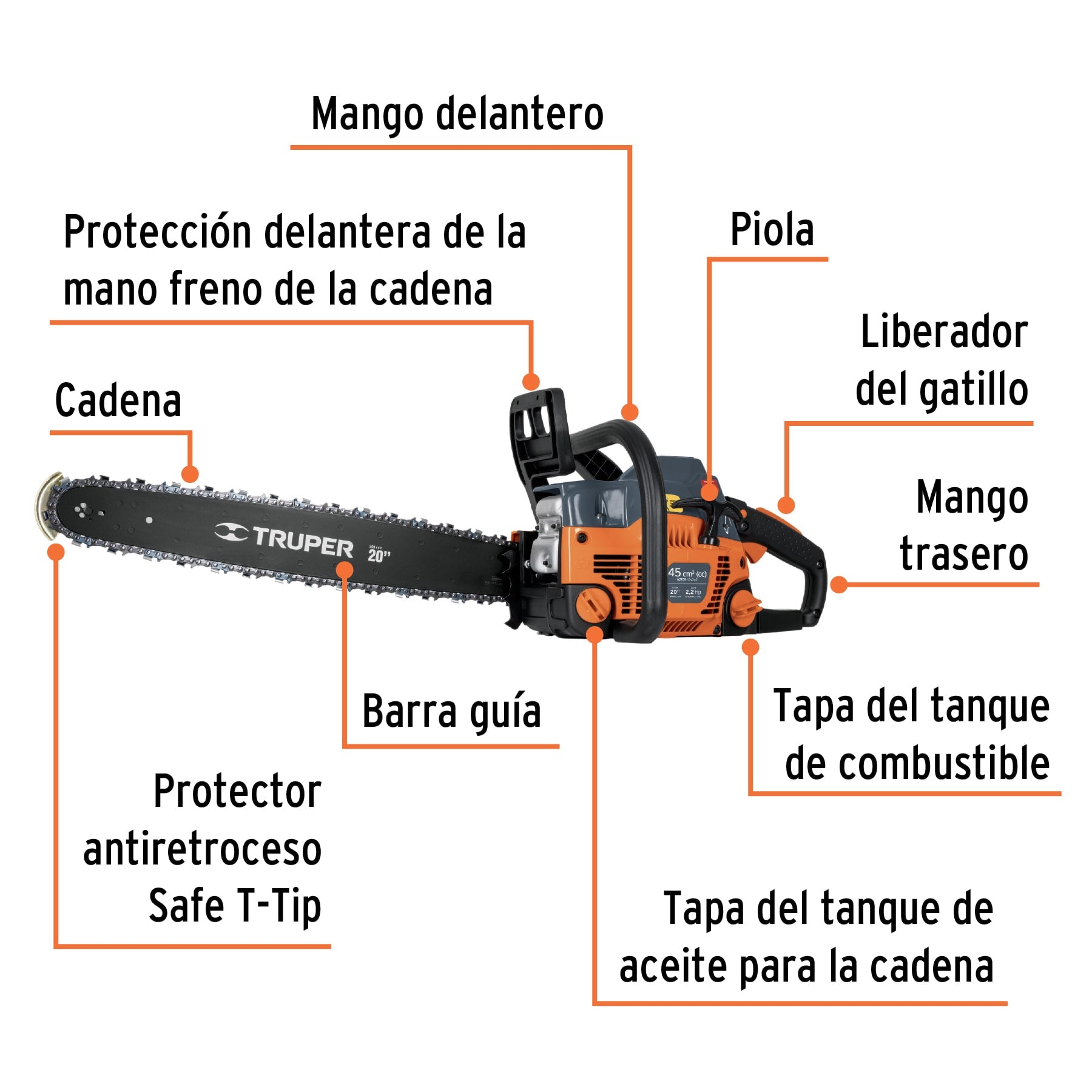Motosierra 45 cc a gasolina con barra de 20", TRUPER