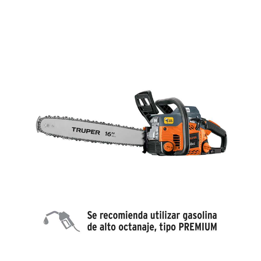 Motosierra 50 cc a gasolina con barra de 16", TRUPER