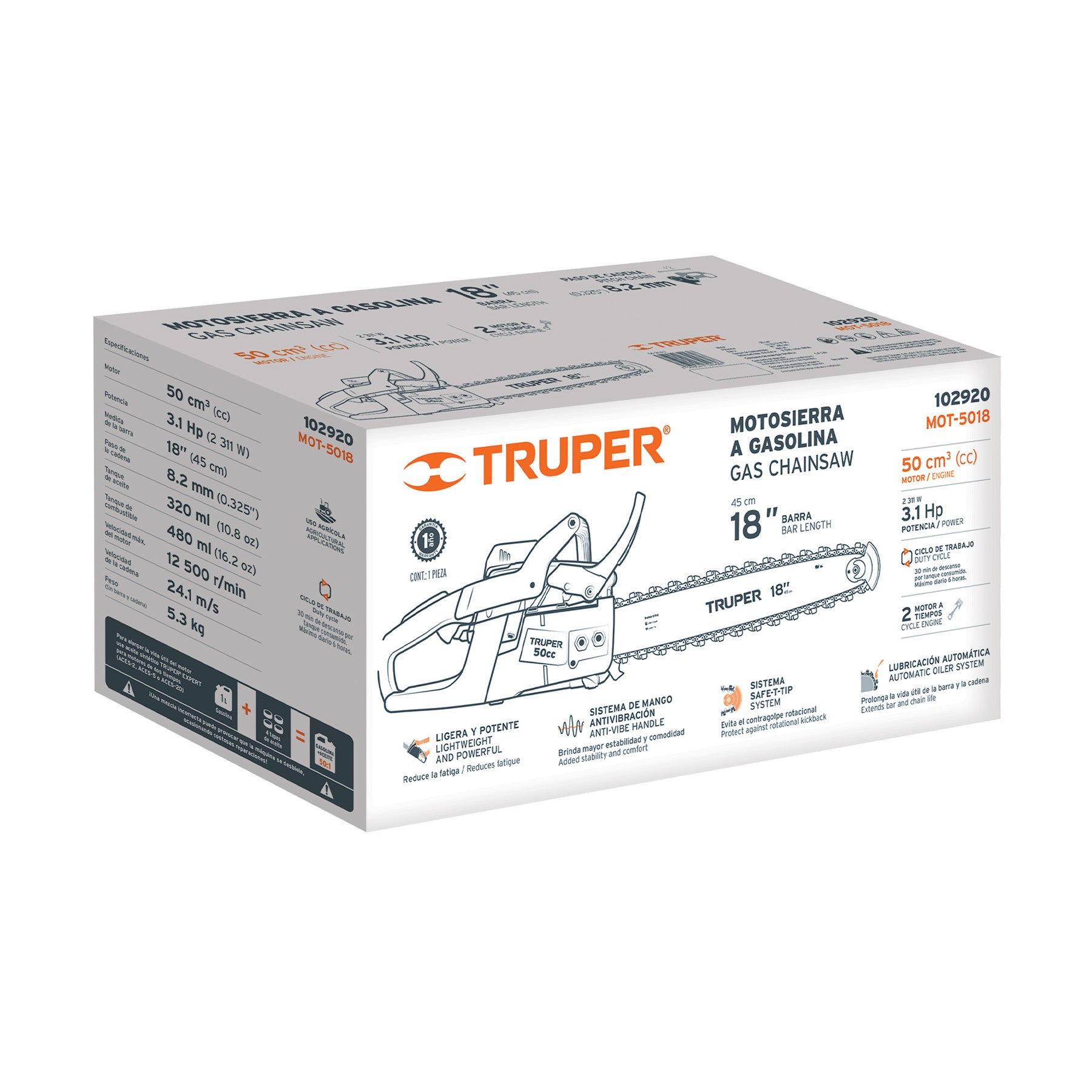 Motosierra 50 cc a gasolina con barra de 18", TRUPER